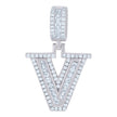 925 Sterling Silver Unisex Round & Baguette Cubic-Zirconia Initial Alphabet V Pendant Charm