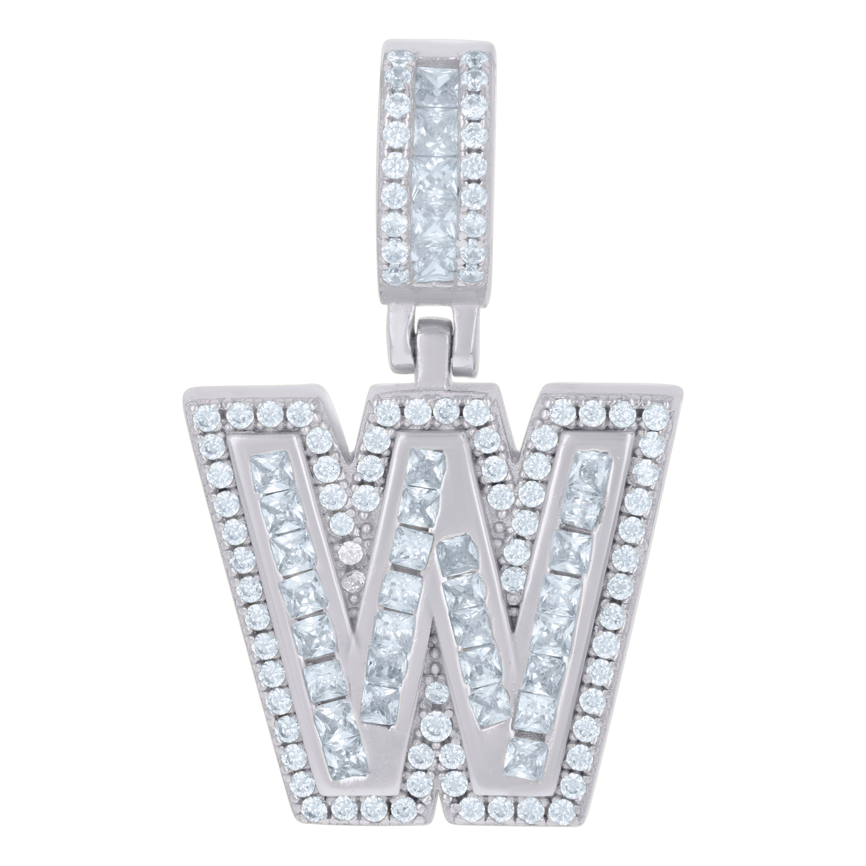 925 Sterling Silver Unisex Round & Baguette Cubic-Zirconia Initial Alphabet W Pendant Charm