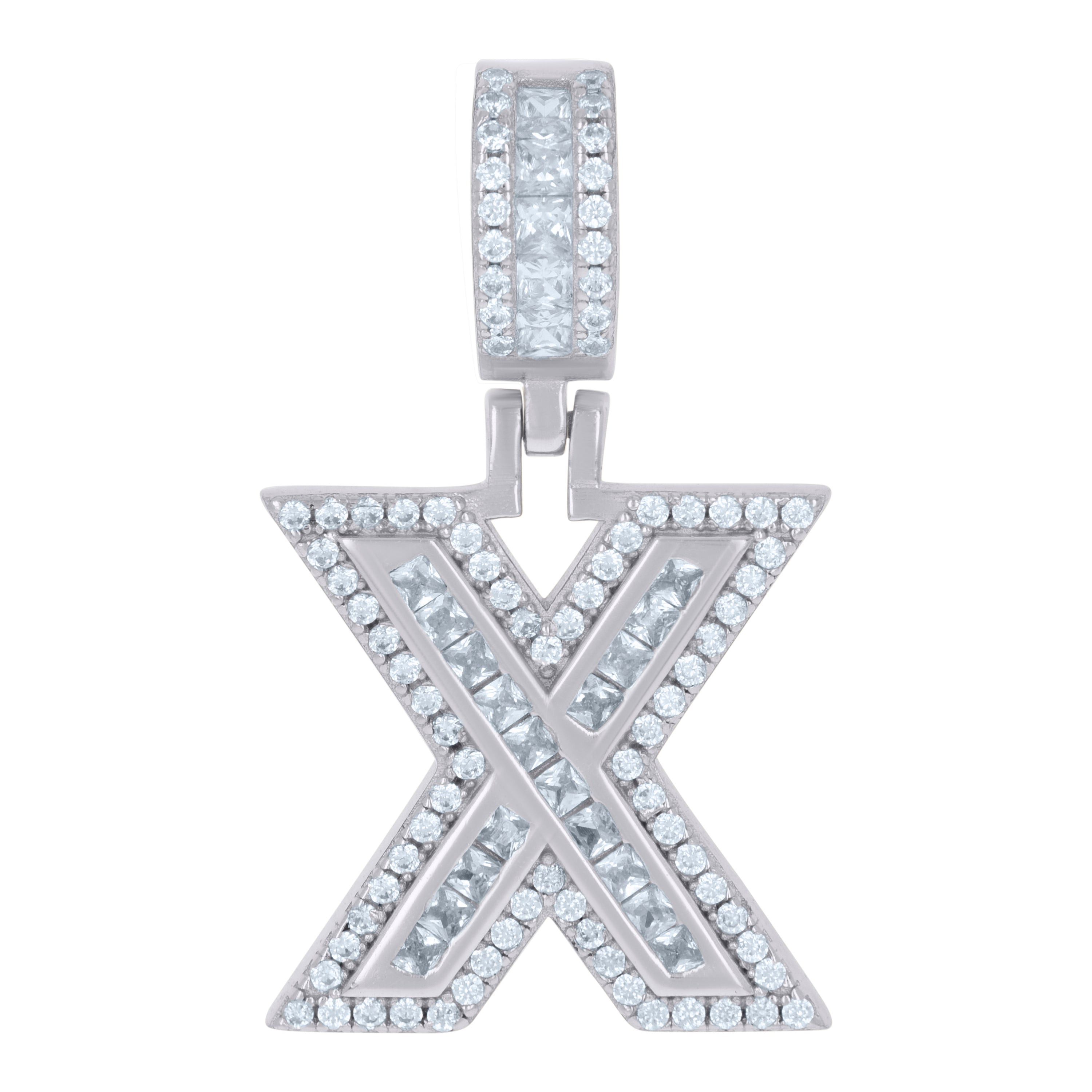 925 Sterling Silver Unisex Round & Baguette Cubic-Zirconia Initial Alphabet X Pendant Charm