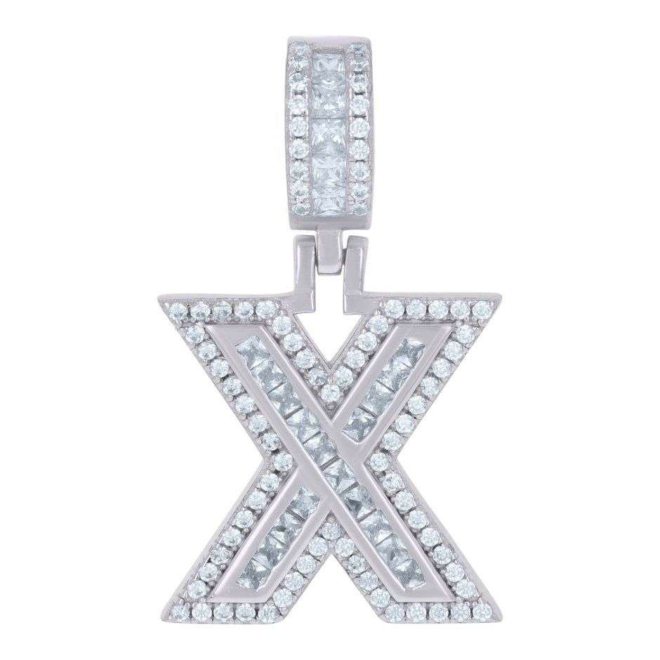 925 Sterling Silver Unisex Round & Baguette Cubic-Zirconia Initial Alphabet X Pendant Charm