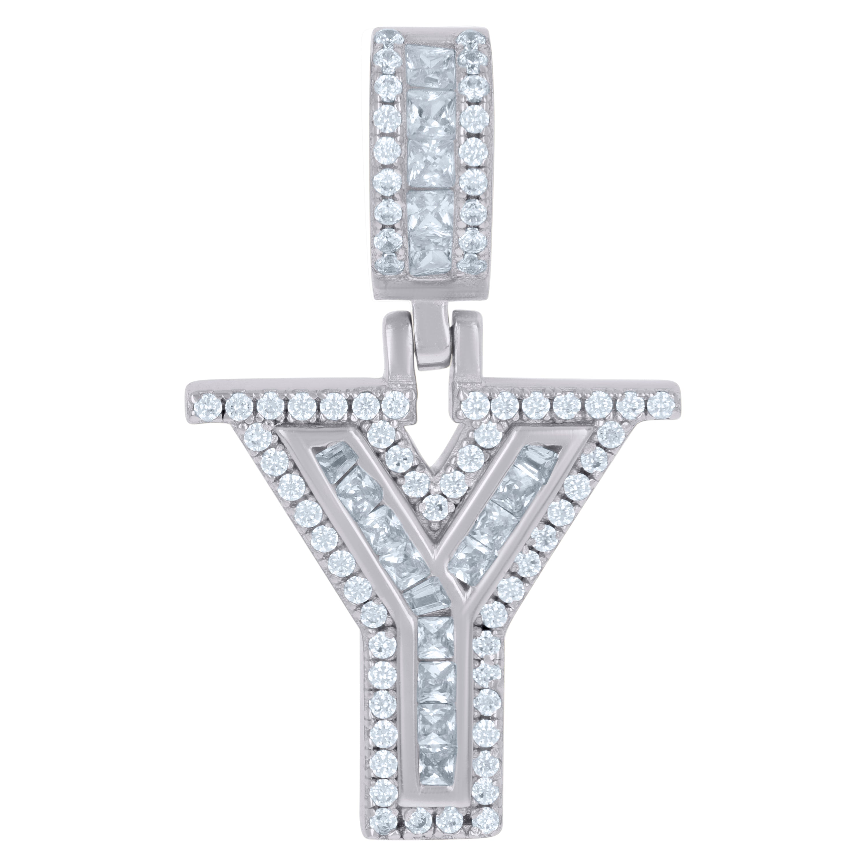 925 Sterling Silver Unisex Round & Baguette Cubic-Zirconia Initial Alphabet Y Pendant Charm