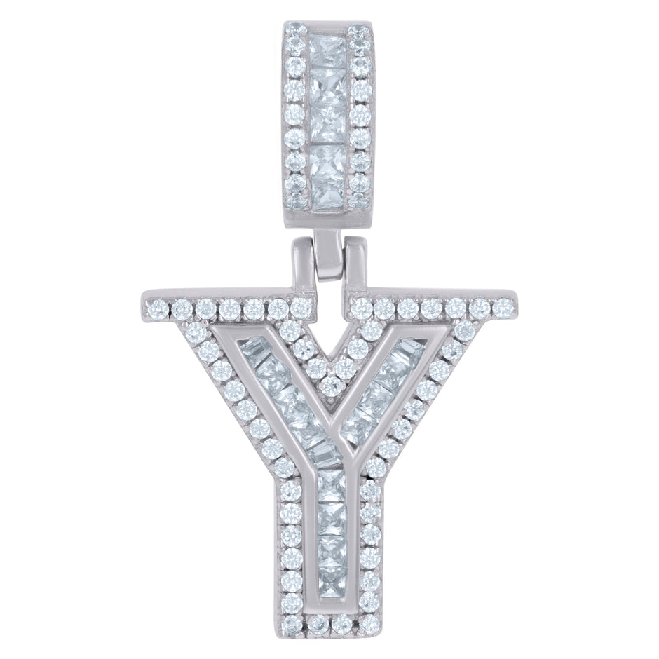 925 Sterling Silver Unisex Round & Baguette Cubic-Zirconia Initial Alphabet Y Pendant Charm