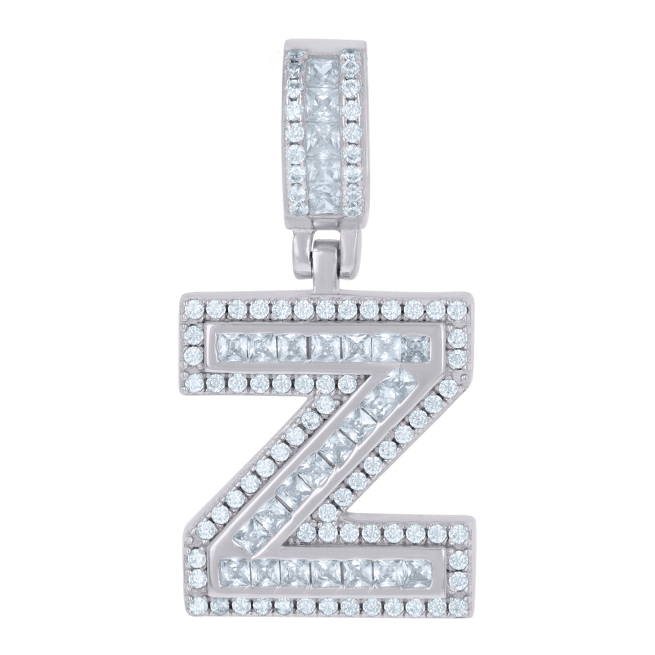 925 Sterling Silver Unisex Round & Baguette Cubic-Zirconia Initial Alphabet Z Pendant Charm