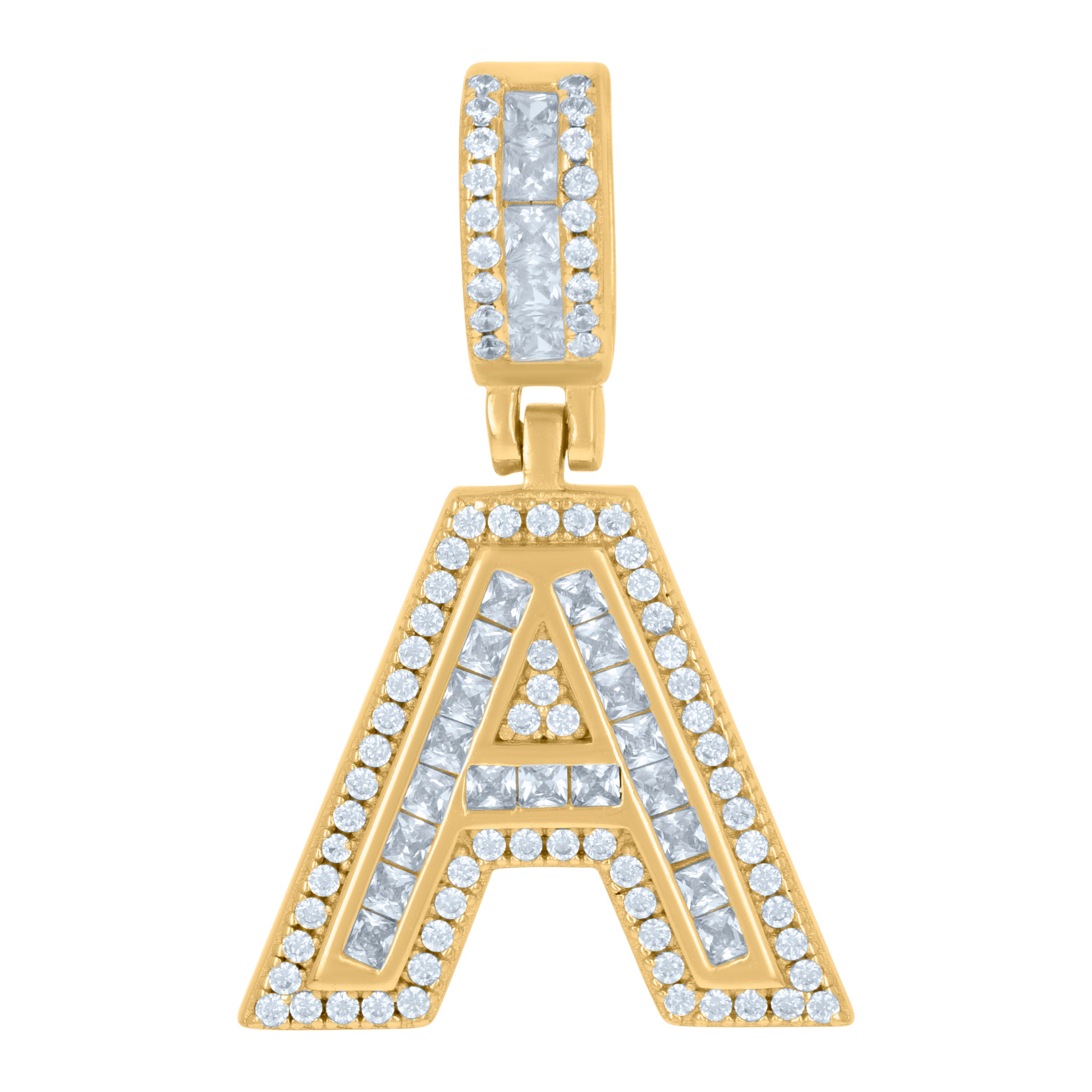 925 Sterling Silver Unisex Round & Baguette Cubic-Zirconia Initial Alphabet A Pendant Charm