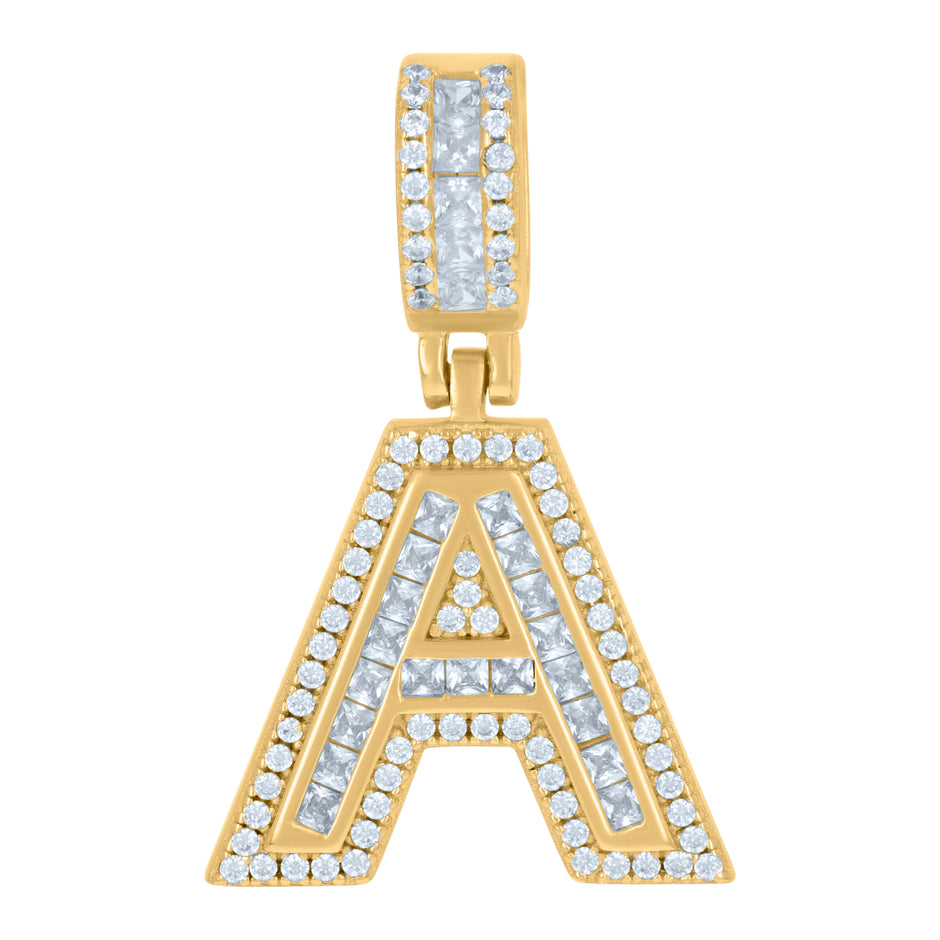 925 Sterling Silver Unisex Round & Baguette Cubic-Zirconia Initial Alphabet A Pendant Charm