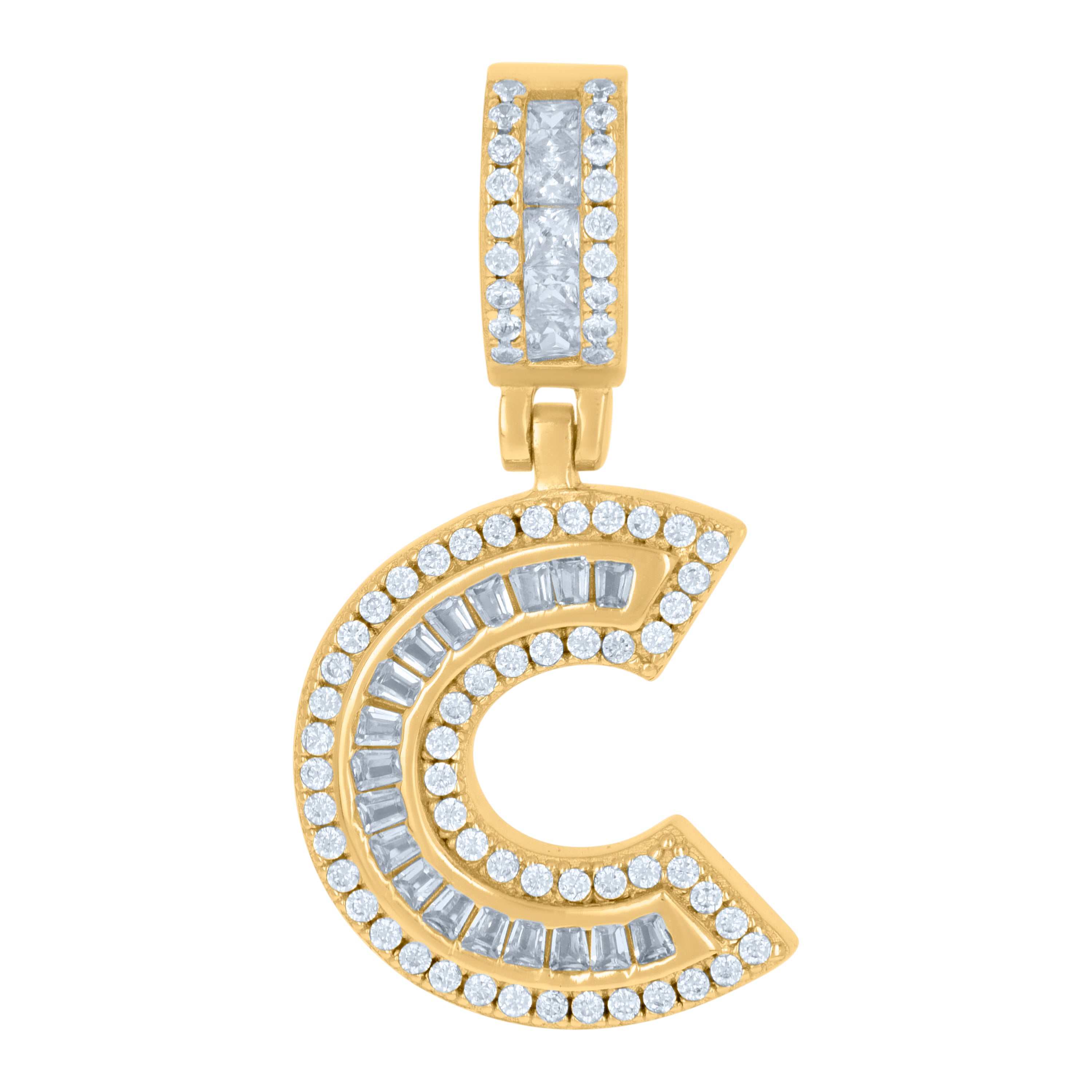 925 Sterling Silver Unisex Round & Baguette Cubic-Zirconia Initial Alphabet C Pendant Charm