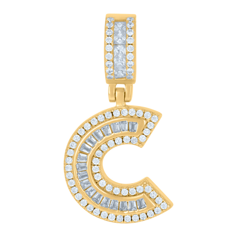 925 Sterling Silver Unisex Round & Baguette Cubic-Zirconia Initial Alphabet C Pendant Charm