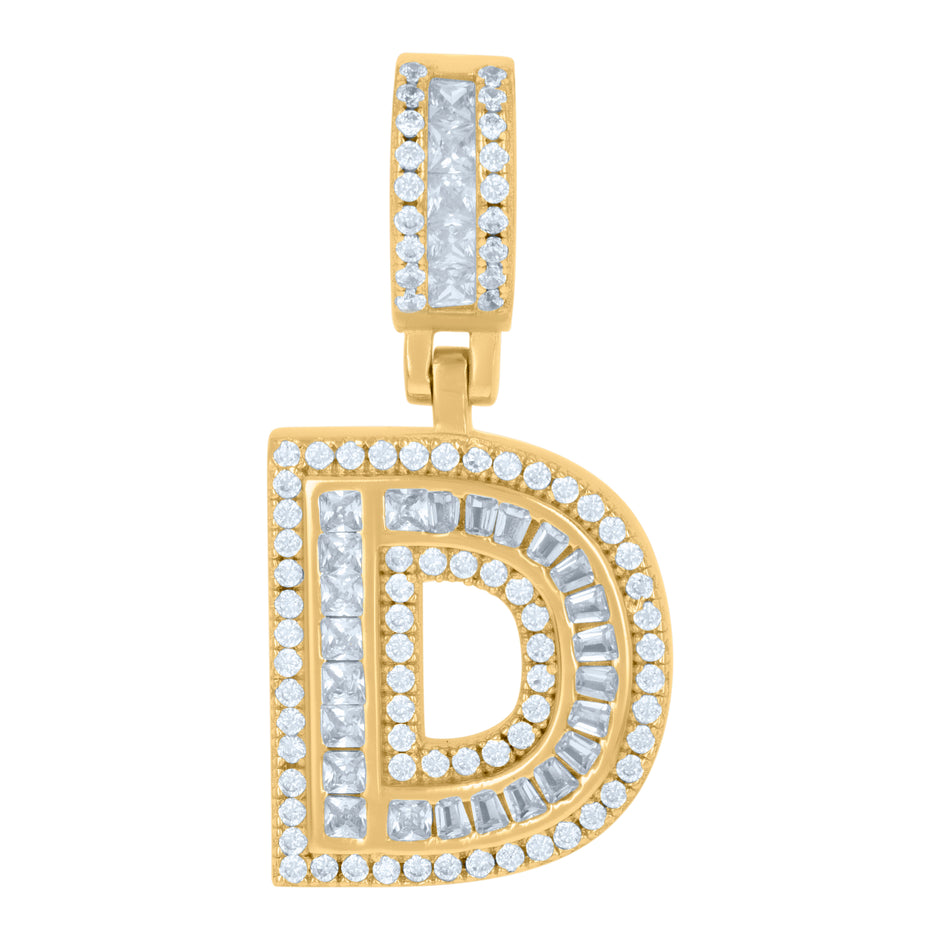 925 Sterling Silver Unisex Round & Baguette Cubic-Zirconia Initial Alphabet D Pendant Charm