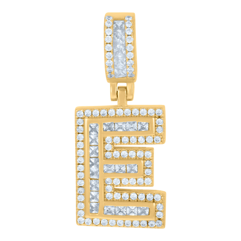 925 Sterling Silver Unisex Round & Baguette Cubic-Zirconia Initial Alphabet E Pendant Charm
