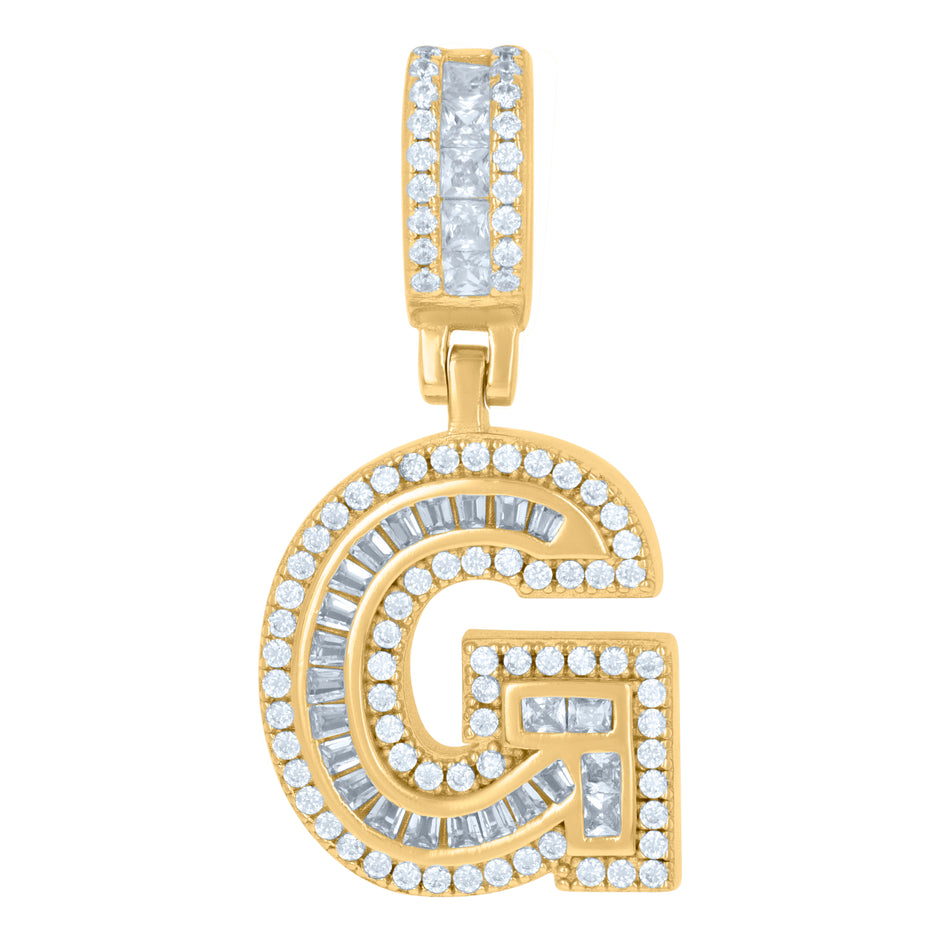 925 Sterling Silver Unisex Round & Baguette Cubic-Zirconia Initial Alphabet G Pendant Charm