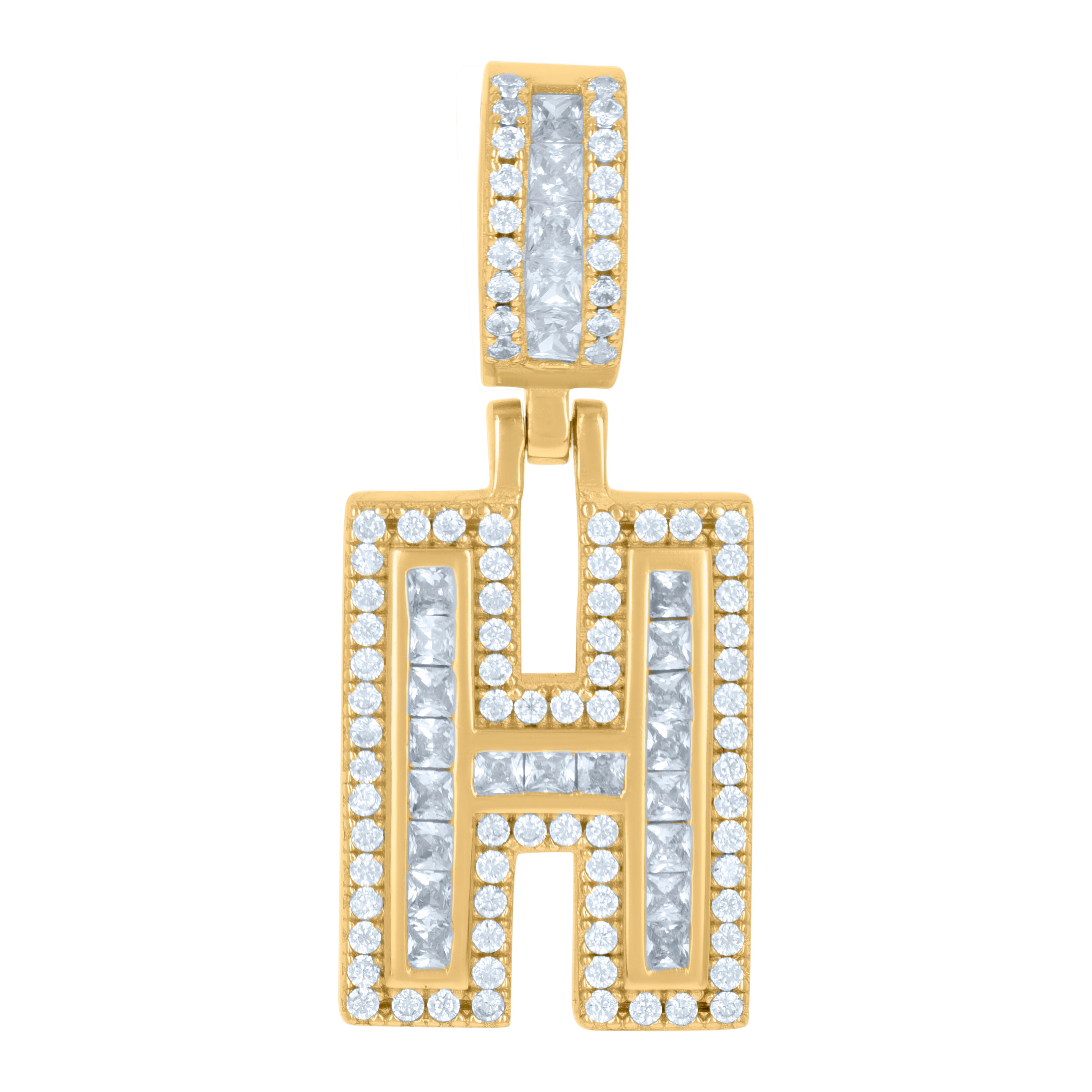 925 Sterling Silver Unisex Round & Baguette Cubic-Zirconia Initial Alphabet H Pendant Charm