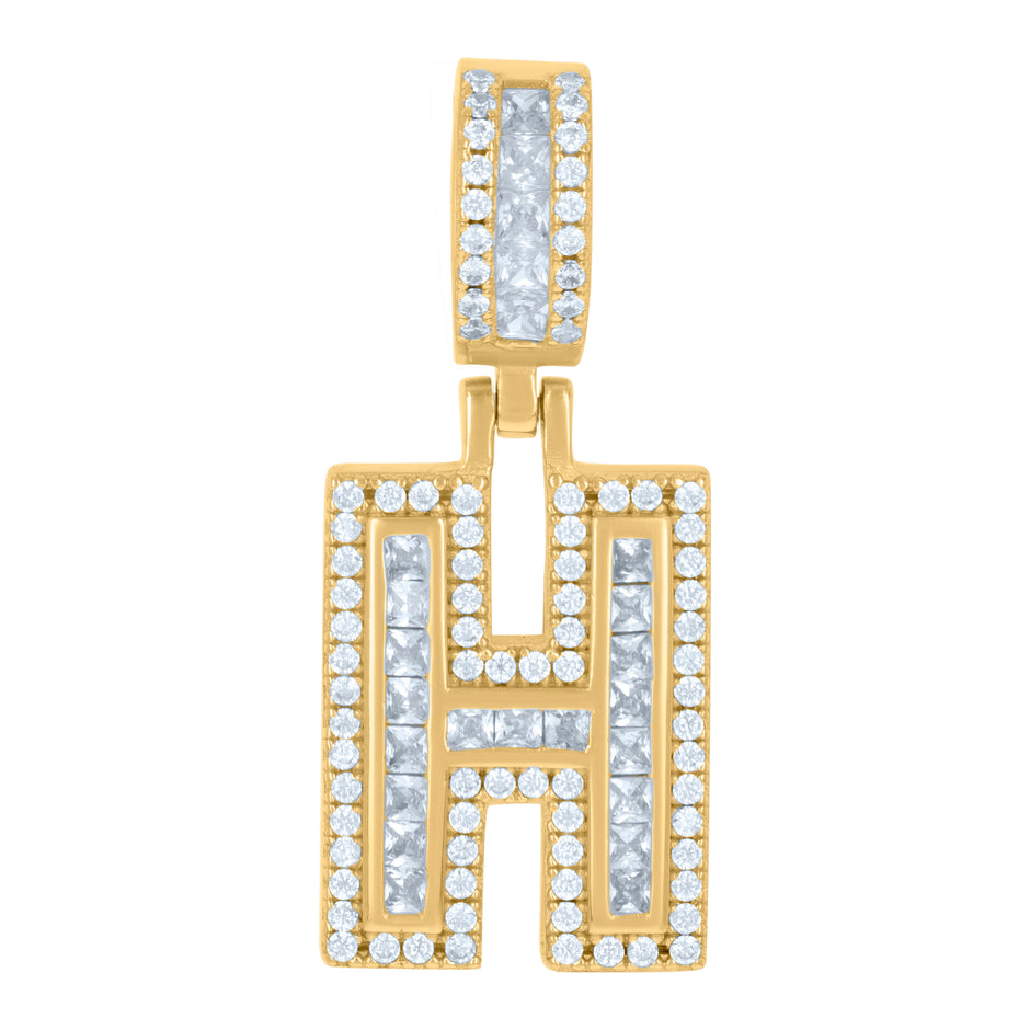 925 Sterling Silver Unisex Round & Baguette Cubic-Zirconia Initial Alphabet H Pendant Charm