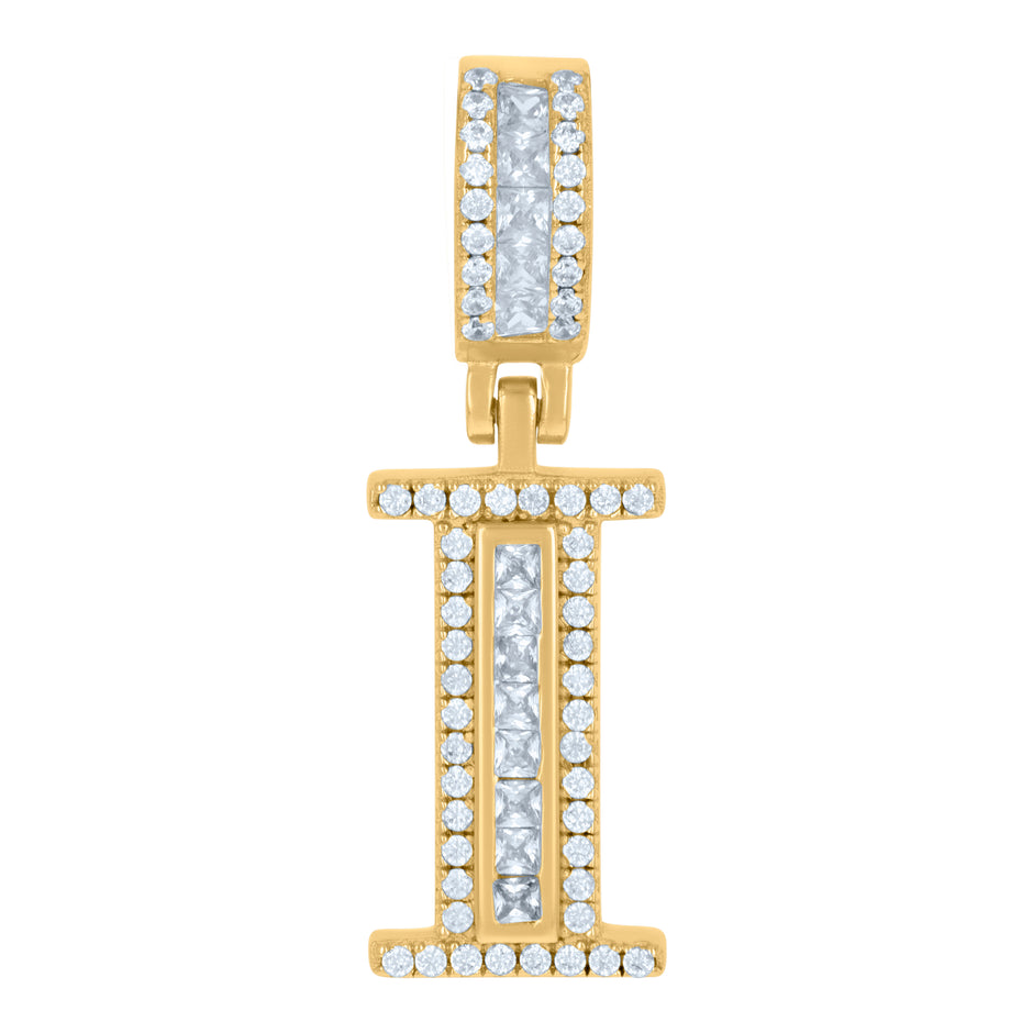 925 Sterling Silver Unisex Round & Baguette Cubic-Zirconia Initial Alphabet I Pendant Charm