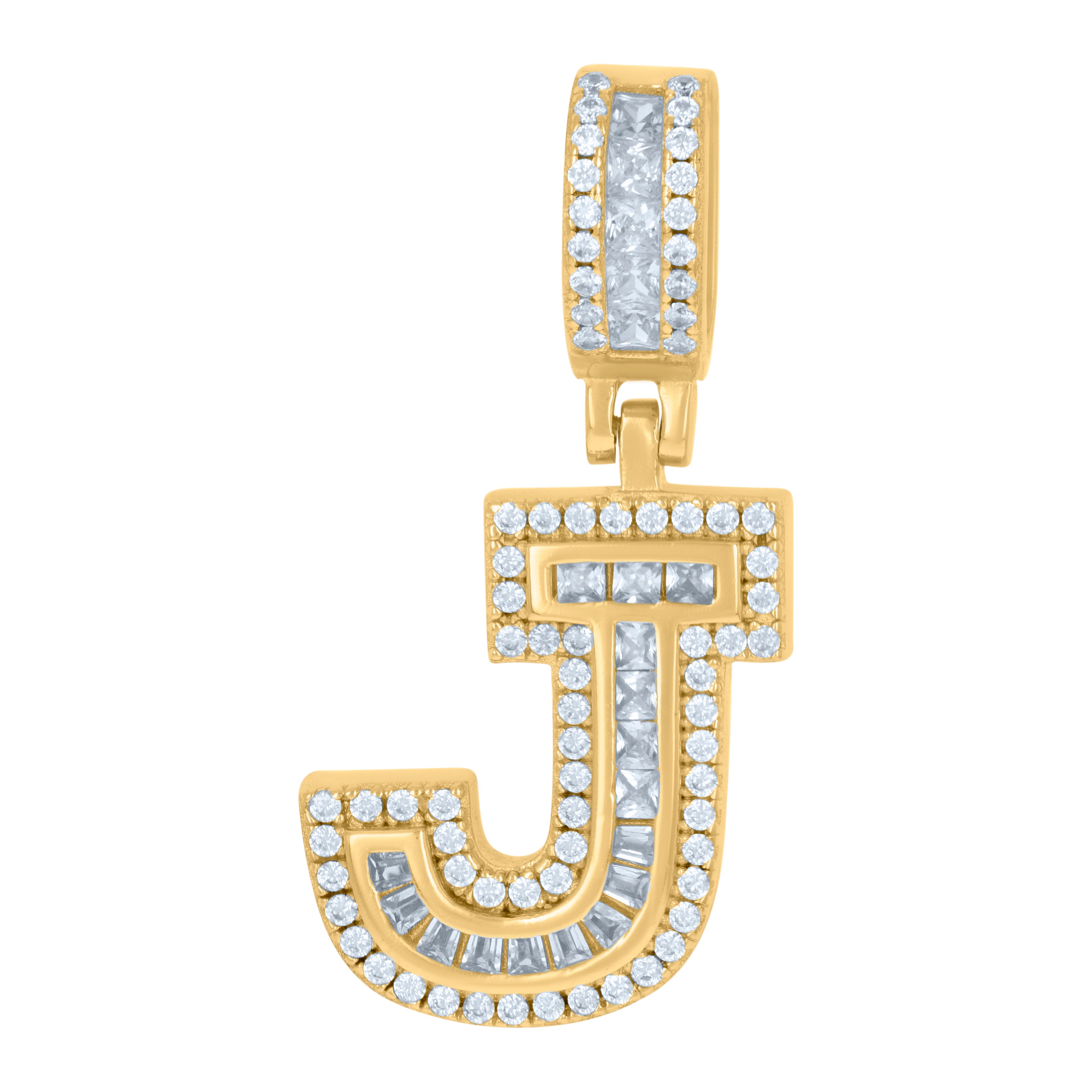 925 Sterling Silver Unisex Round & Baguette Cubic-Zirconia Initial Alphabet J Pendant Charm