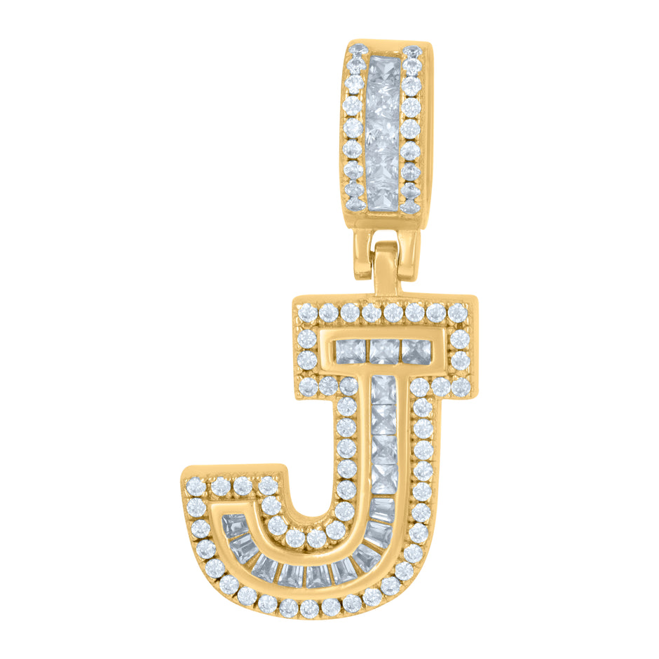 925 Sterling Silver Unisex Round & Baguette Cubic-Zirconia Initial Alphabet J Pendant Charm