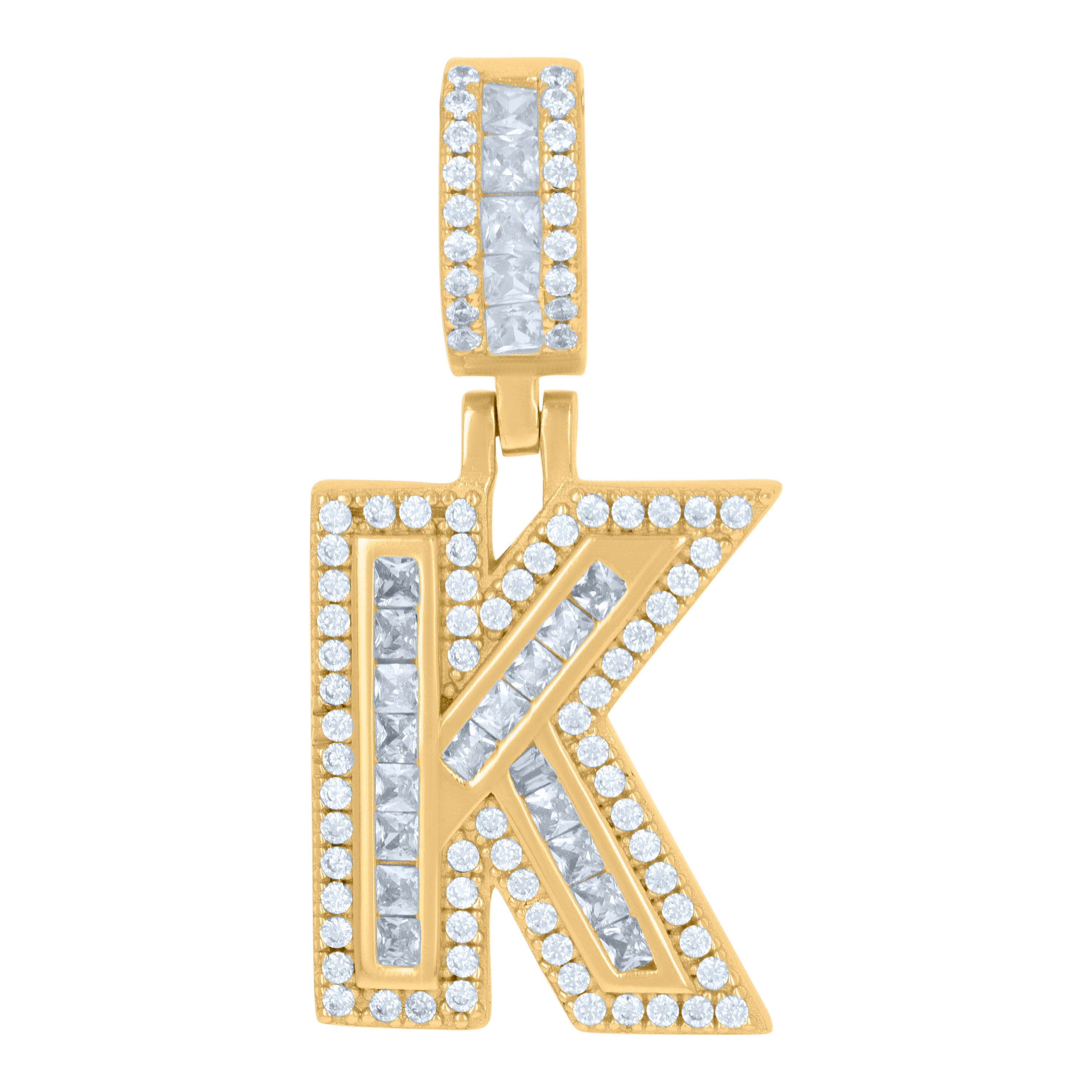 925 Sterling Silver Unisex Round & Baguette Cubic-Zirconia Initial Alphabet K Pendant Charm