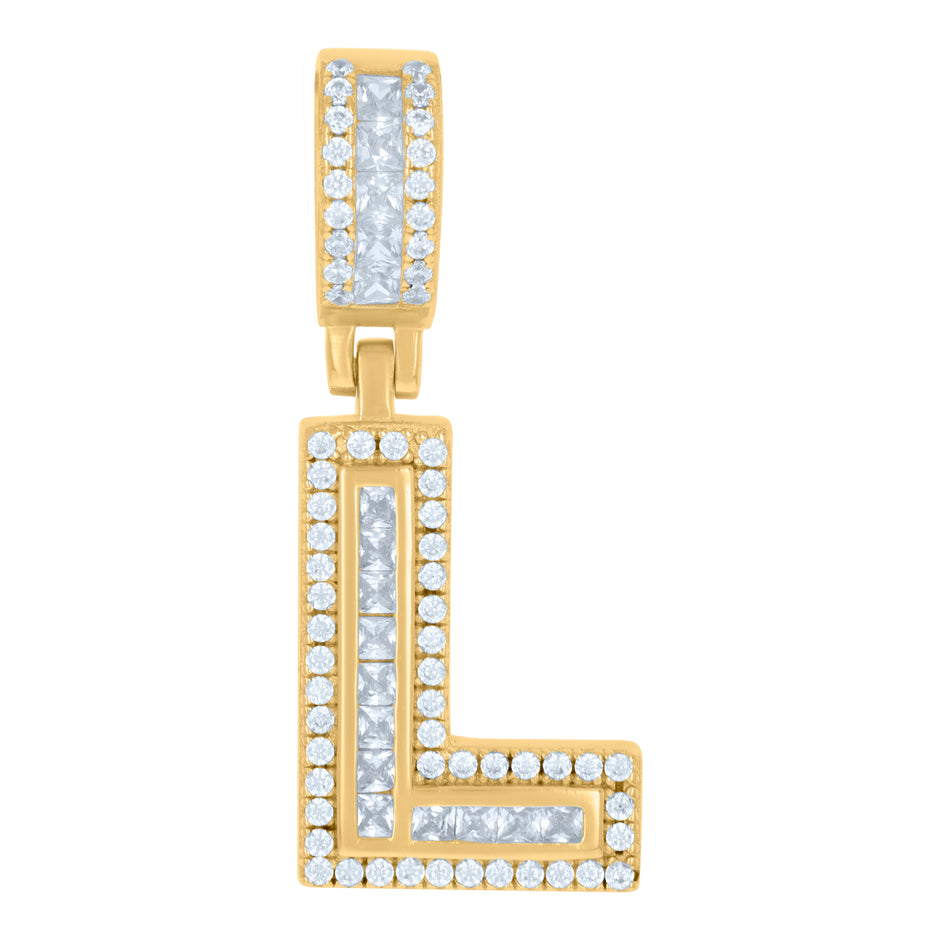 925 Sterling Silver Unisex Round & Baguette Cubic-Zirconia Initial Alphabet L Pendant Charm