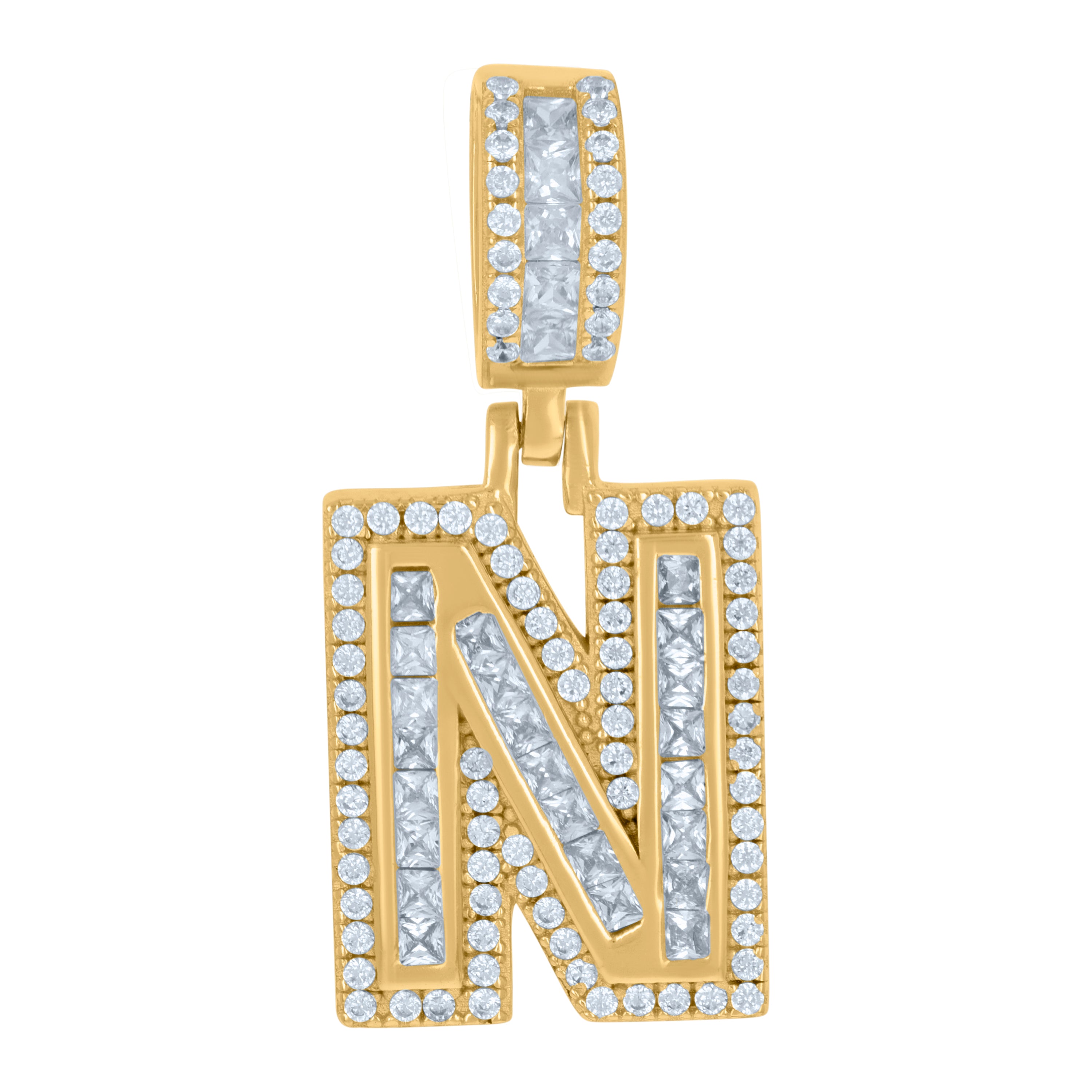 925 Sterling Silver Unisex Round & Baguette Cubic-Zirconia Initial Alphabet N Pendant Charm