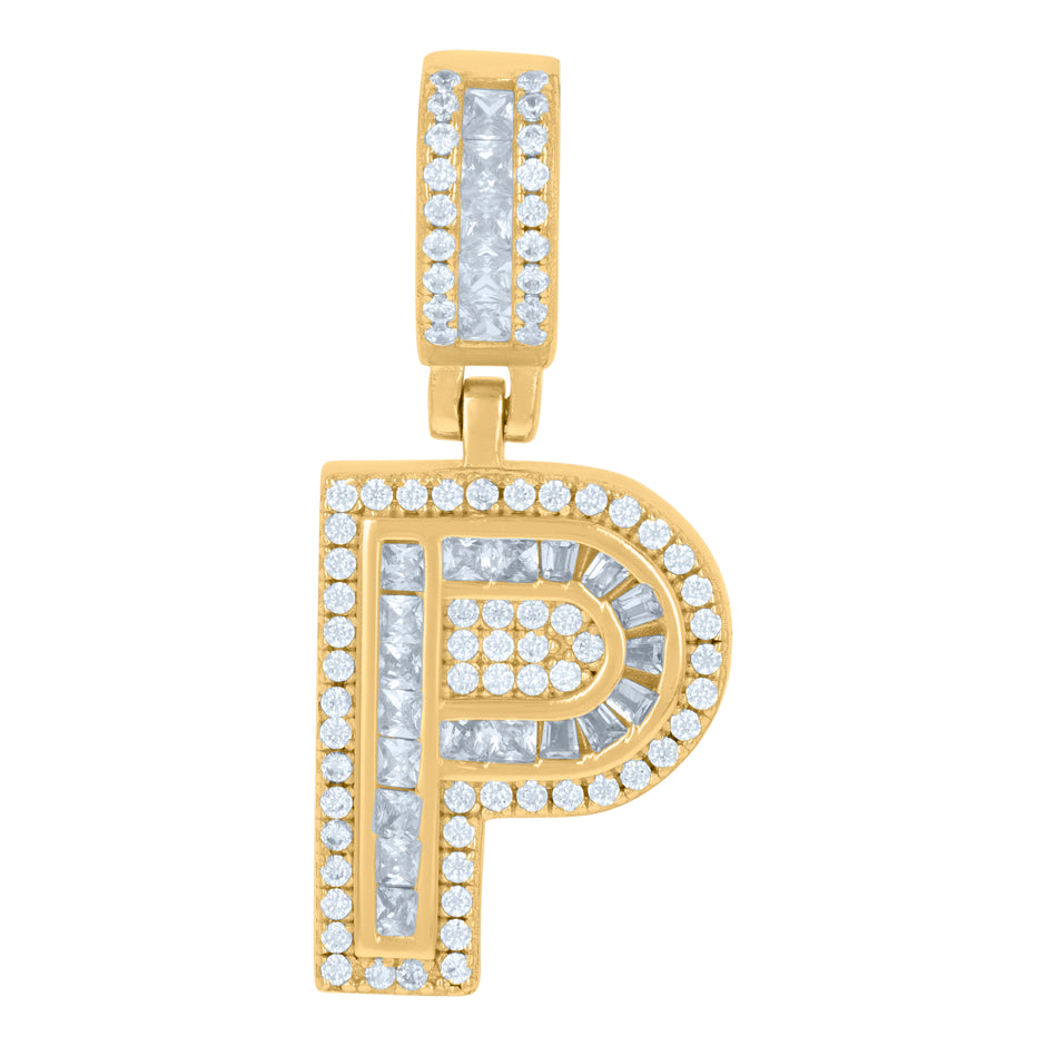 925 Sterling Silver Unisex Round & Baguette Cubic-Zirconia Initial Alphabet P Pendant Charm