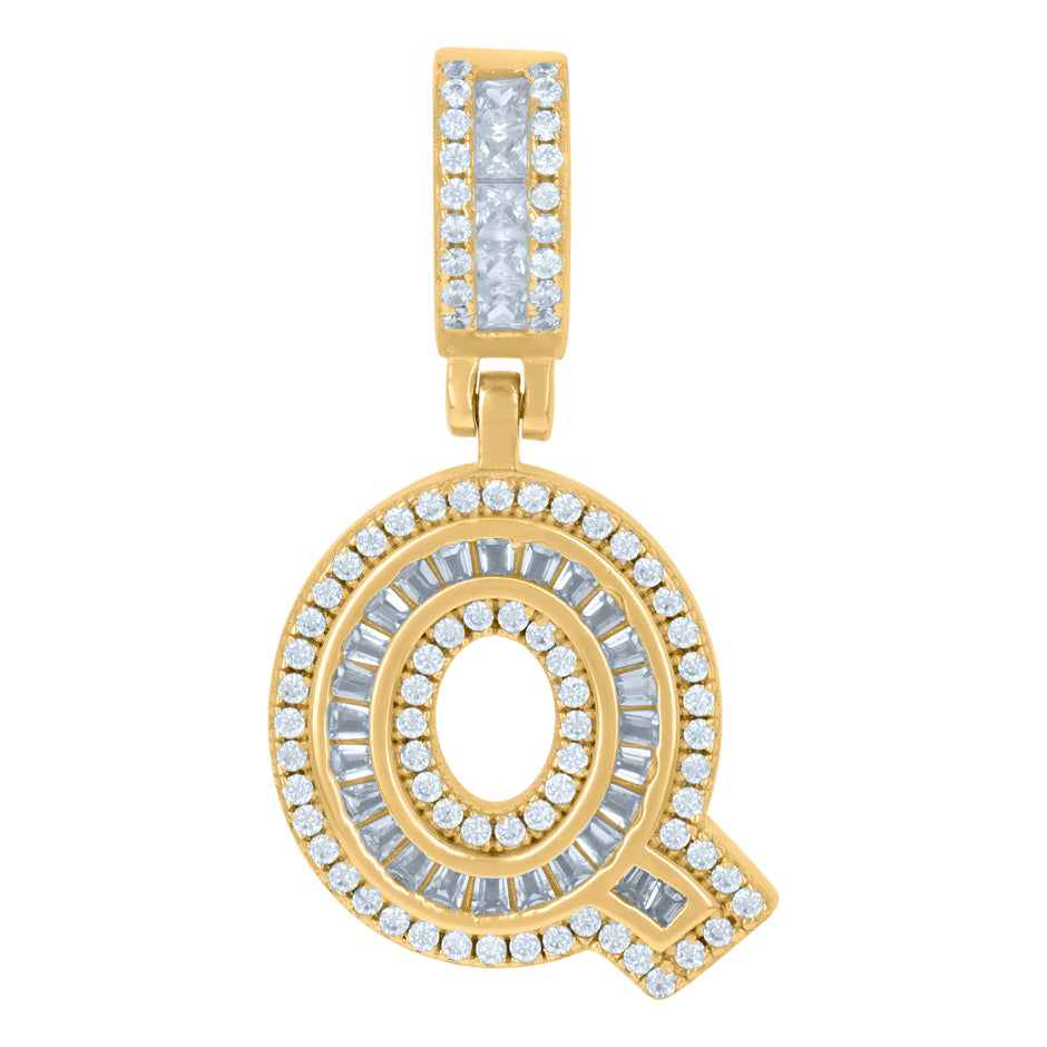 925 Sterling Silver Unisex Round & Baguette Cubic-Zirconia Initial Alphabet Q Pendant Charm