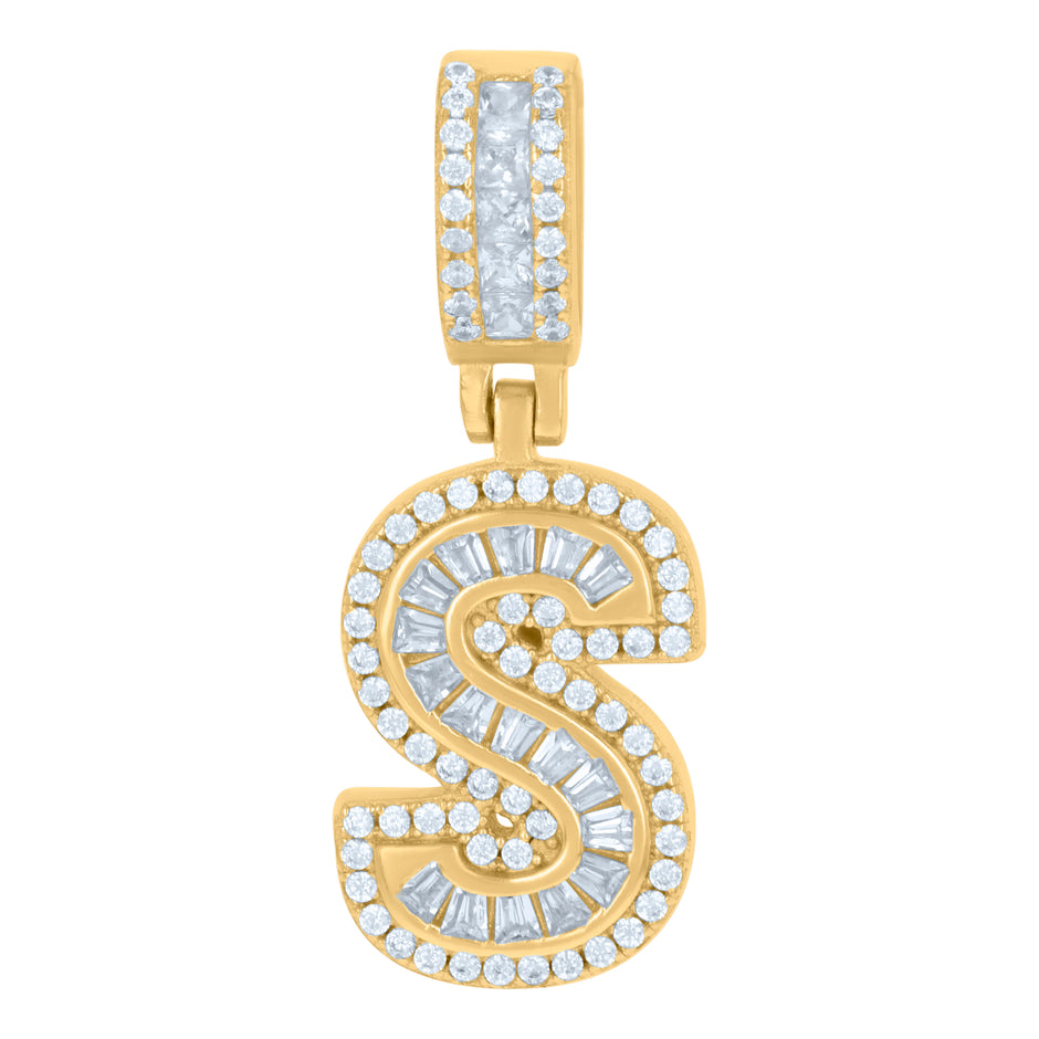925 Sterling Silver Unisex Round & Baguette Cubic-Zirconia Initial Alphabet S Pendant Charm
