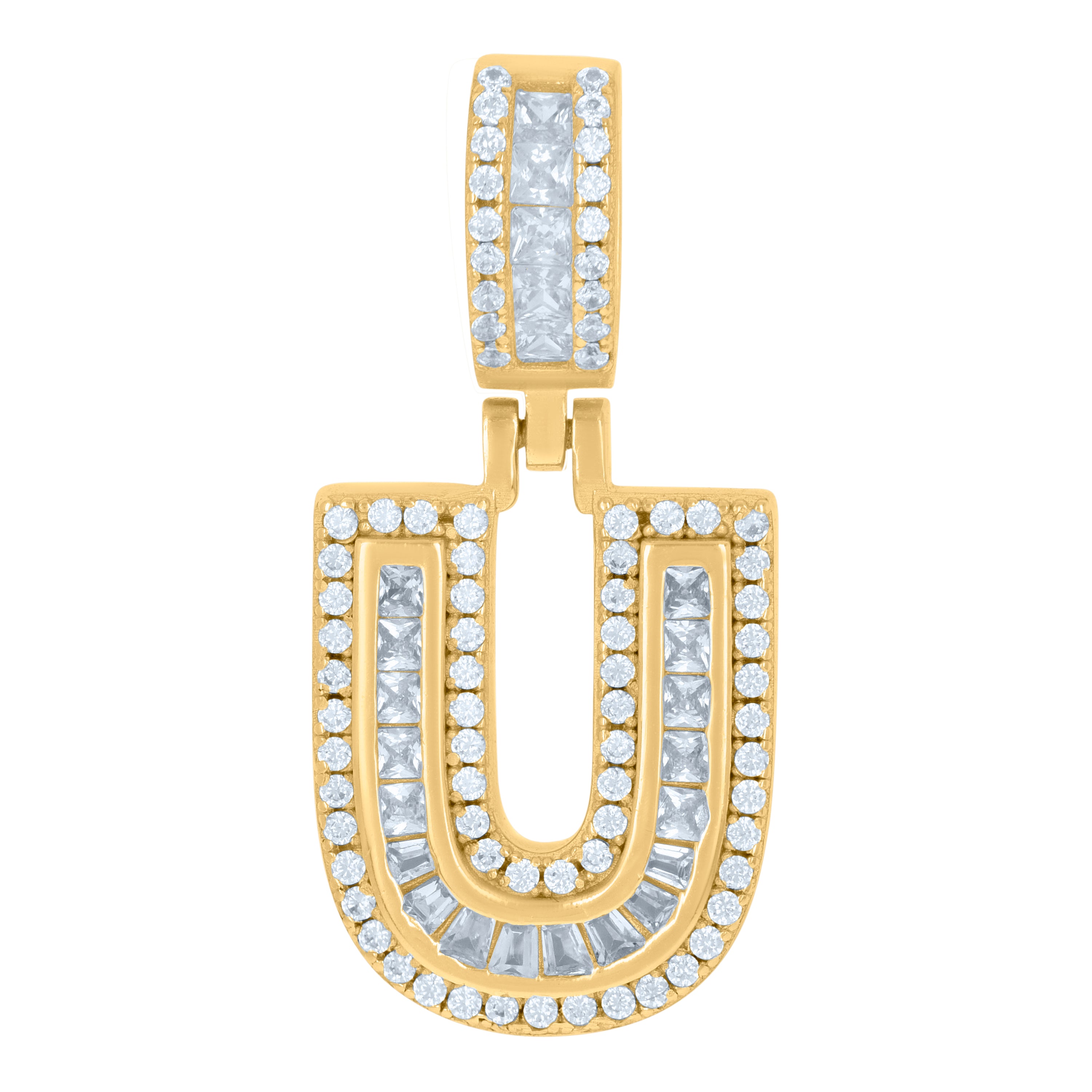 925 Sterling Silver Unisex Round & Baguette Cubic-Zirconia Initial Alphabet U Pendant Charm