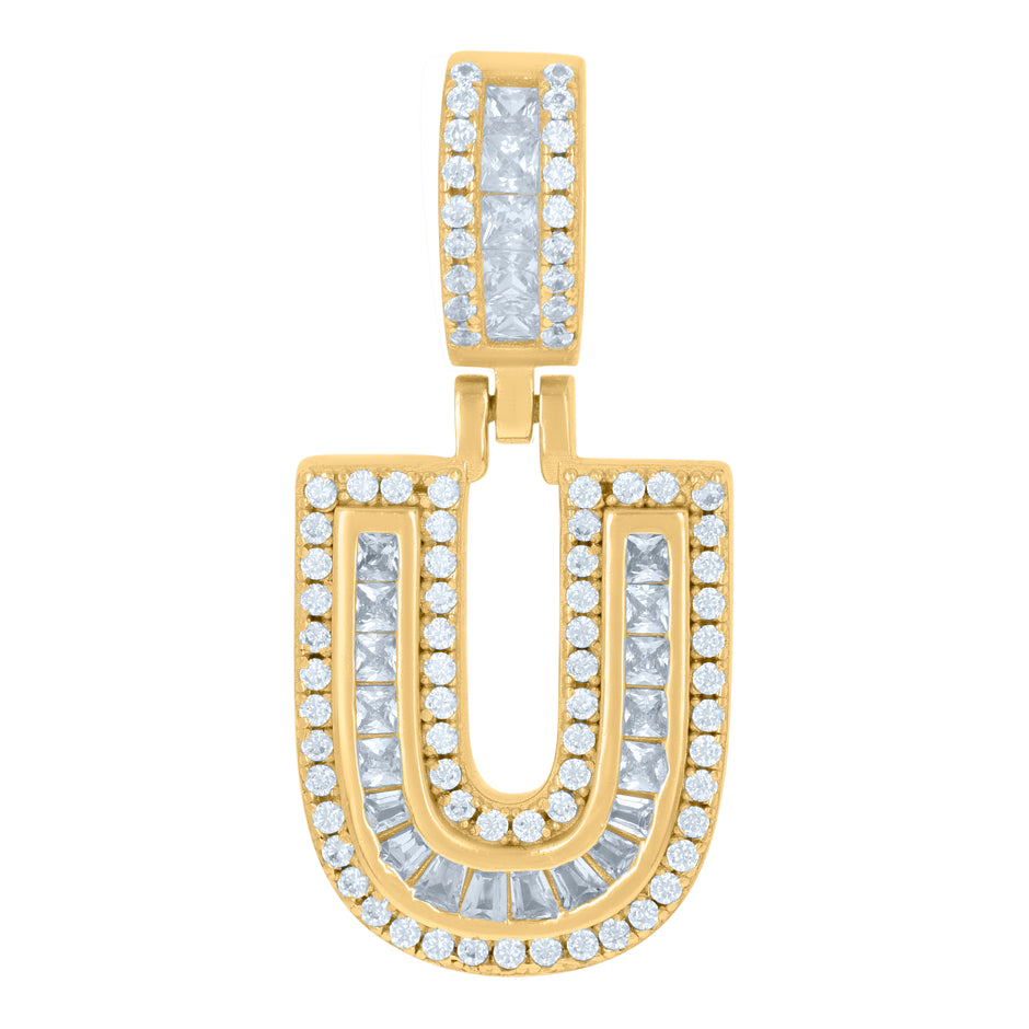 925 Sterling Silver Unisex Round & Baguette Cubic-Zirconia Initial Alphabet U Pendant Charm