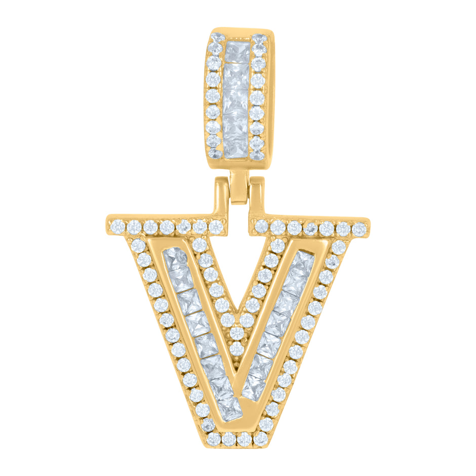 925 Sterling Silver Unisex Round & Baguette Cubic-Zirconia Initial Alphabet V Pendant Charm