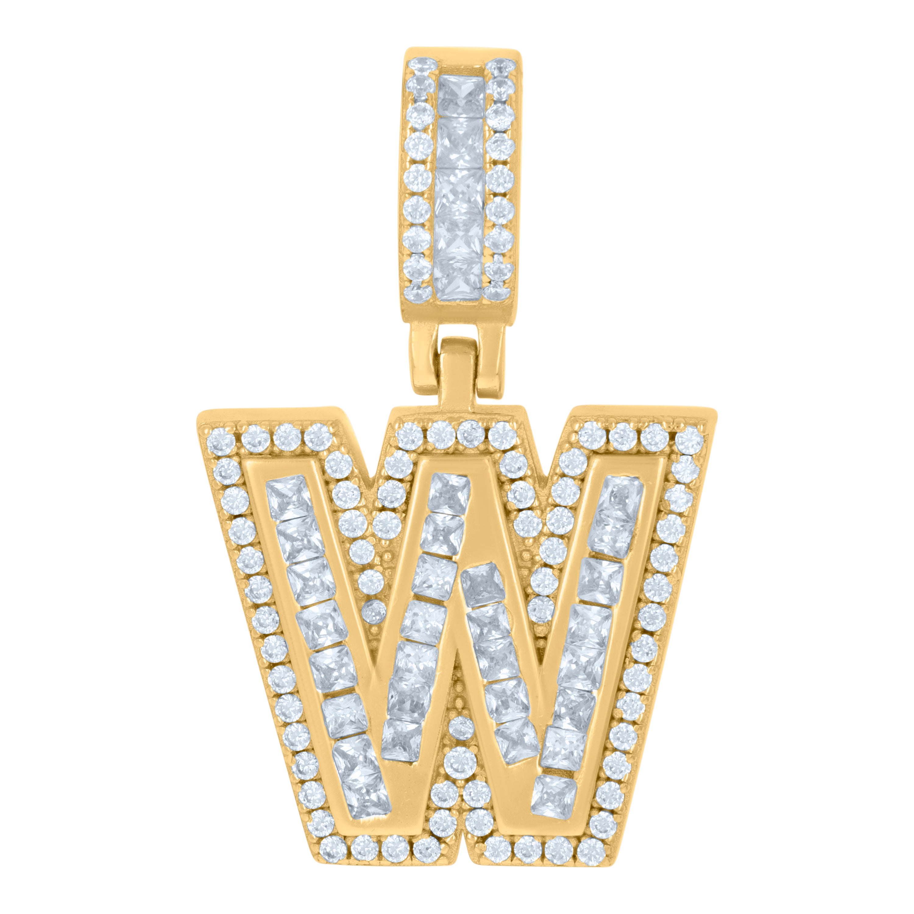 925 Sterling Silver Unisex Round & Baguette Cubic-Zirconia Initial Alphabet W Pendant Charm