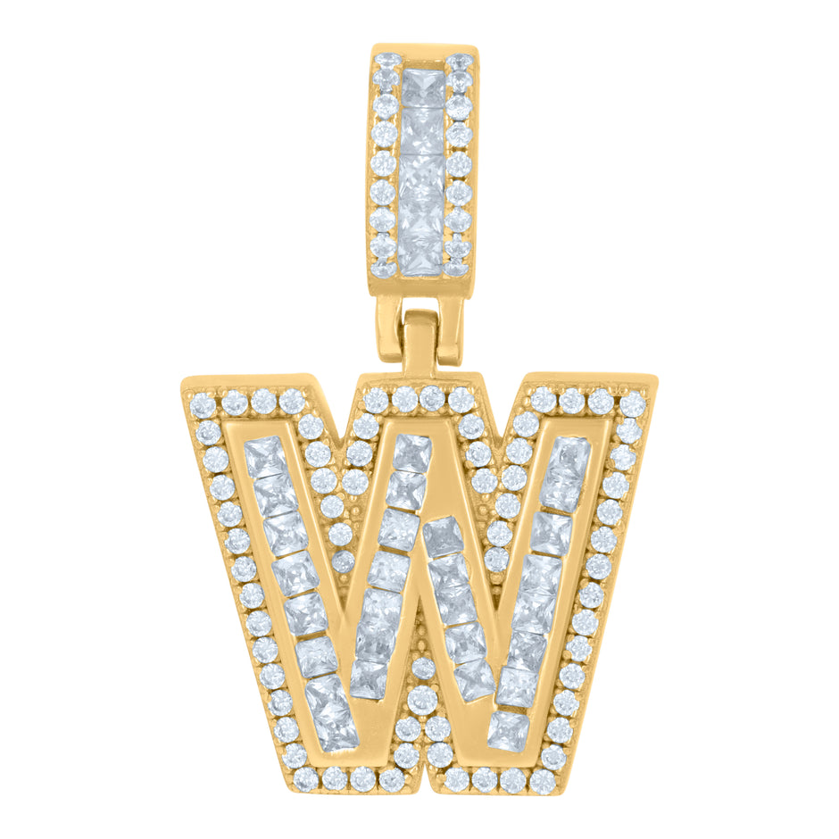 925 Sterling Silver Unisex Round & Baguette Cubic-Zirconia Initial Alphabet W Pendant Charm