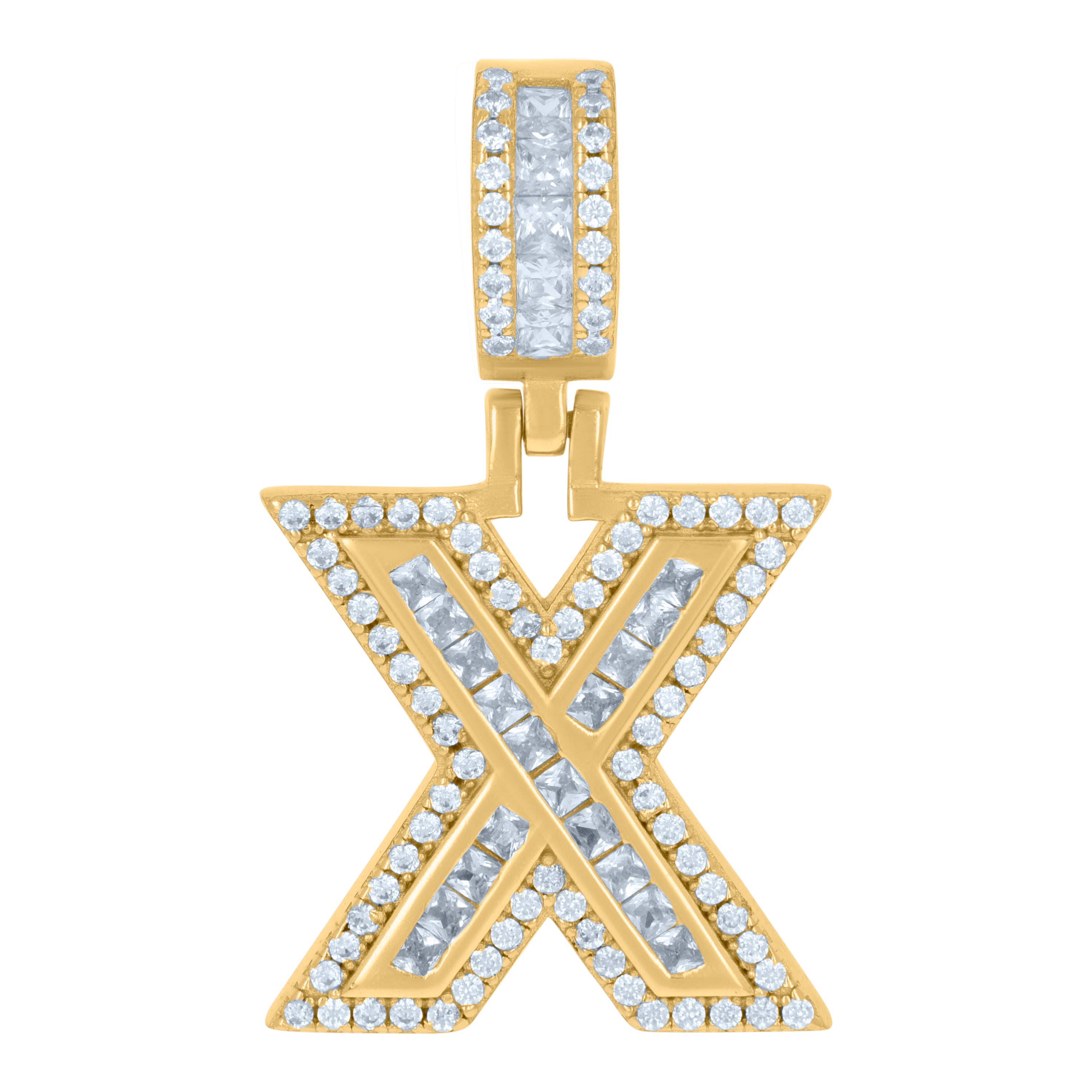 925 Sterling Silver Unisex Round & Baguette Cubic-Zirconia Initial Alphabet X Pendant Charm