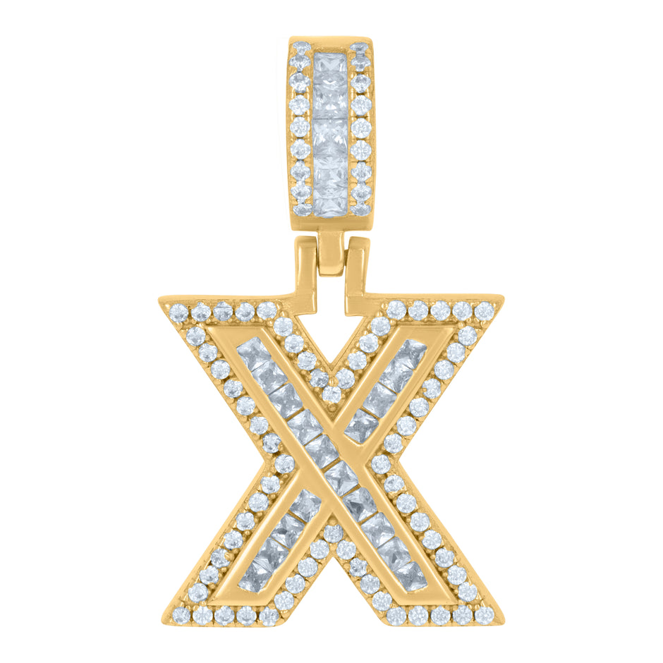 925 Sterling Silver Unisex Round & Baguette Cubic-Zirconia Initial Alphabet X Pendant Charm