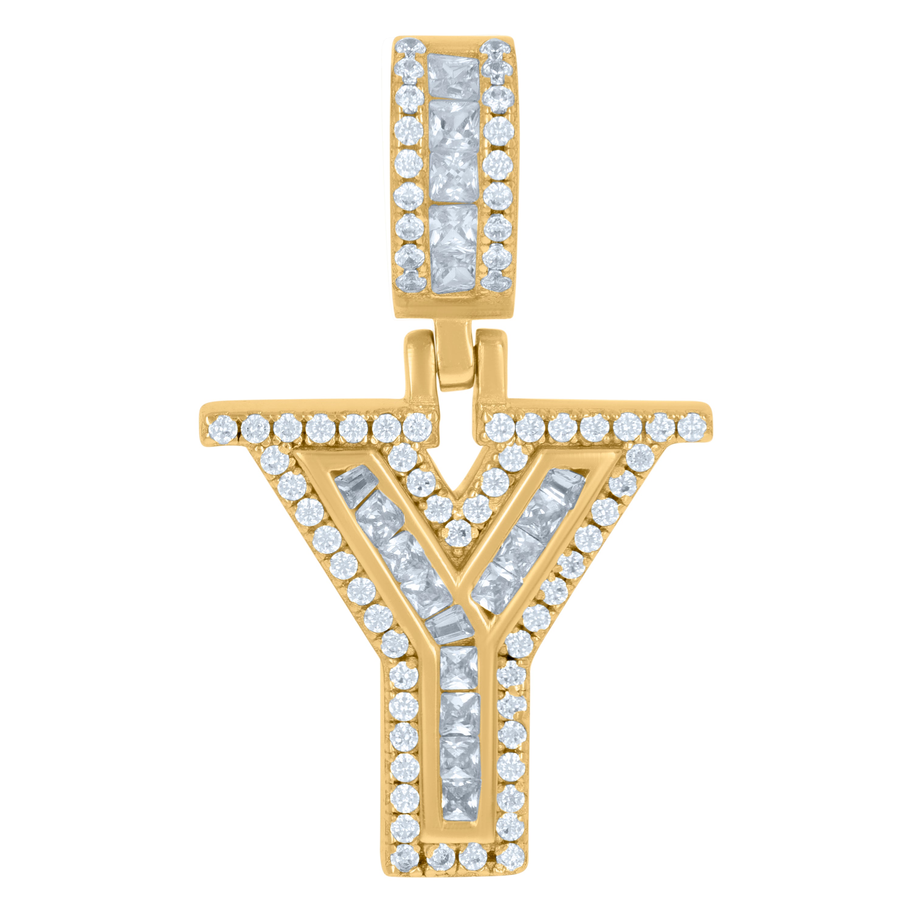 925 Sterling Silver Unisex Round & Baguette Cubic-Zirconia Initial Alphabet Y Pendant Charm