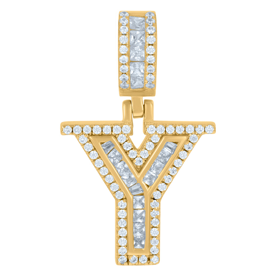 925 Sterling Silver Unisex Round & Baguette Cubic-Zirconia Initial Alphabet Y Pendant Charm