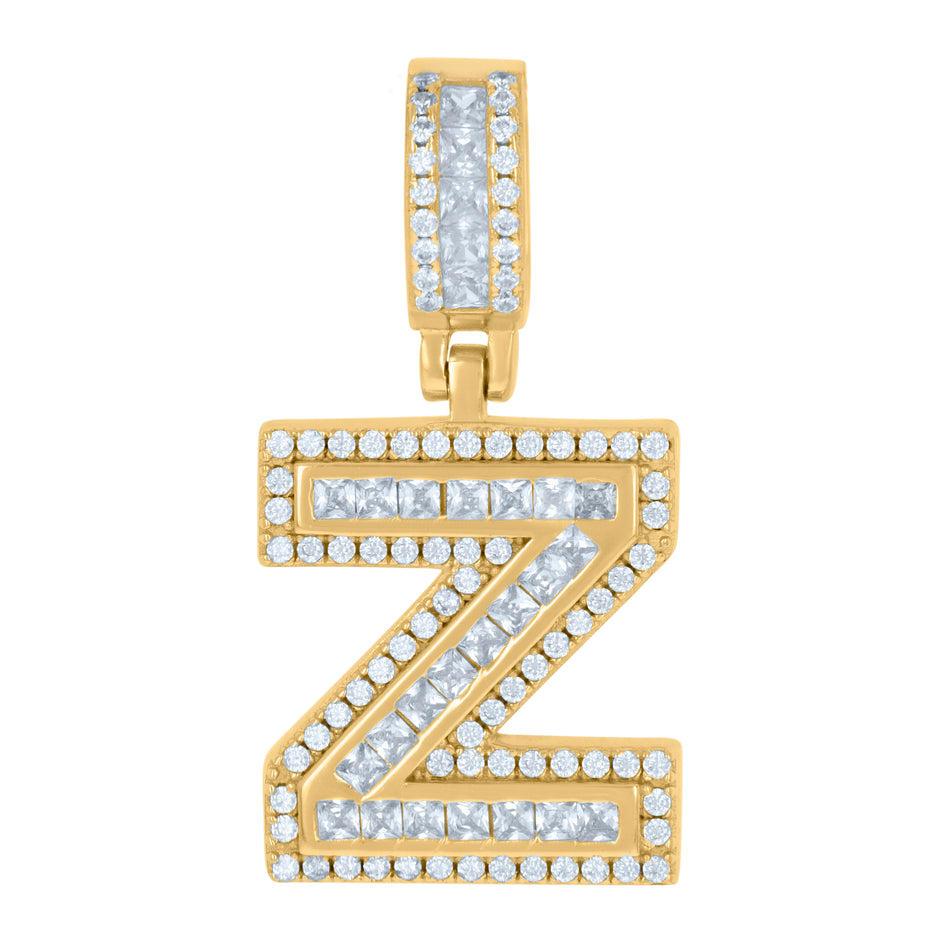 925 Sterling Silver Unisex Round & Baguette Cubic-Zirconia Initial Alphabet Z Pendant Charm