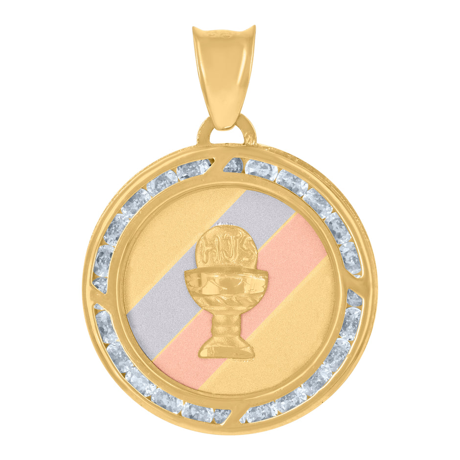 10kt Tri-Color Gold Unisex Cubic-Zirconia Holy Communion Ceremony Religious Charm Pendant