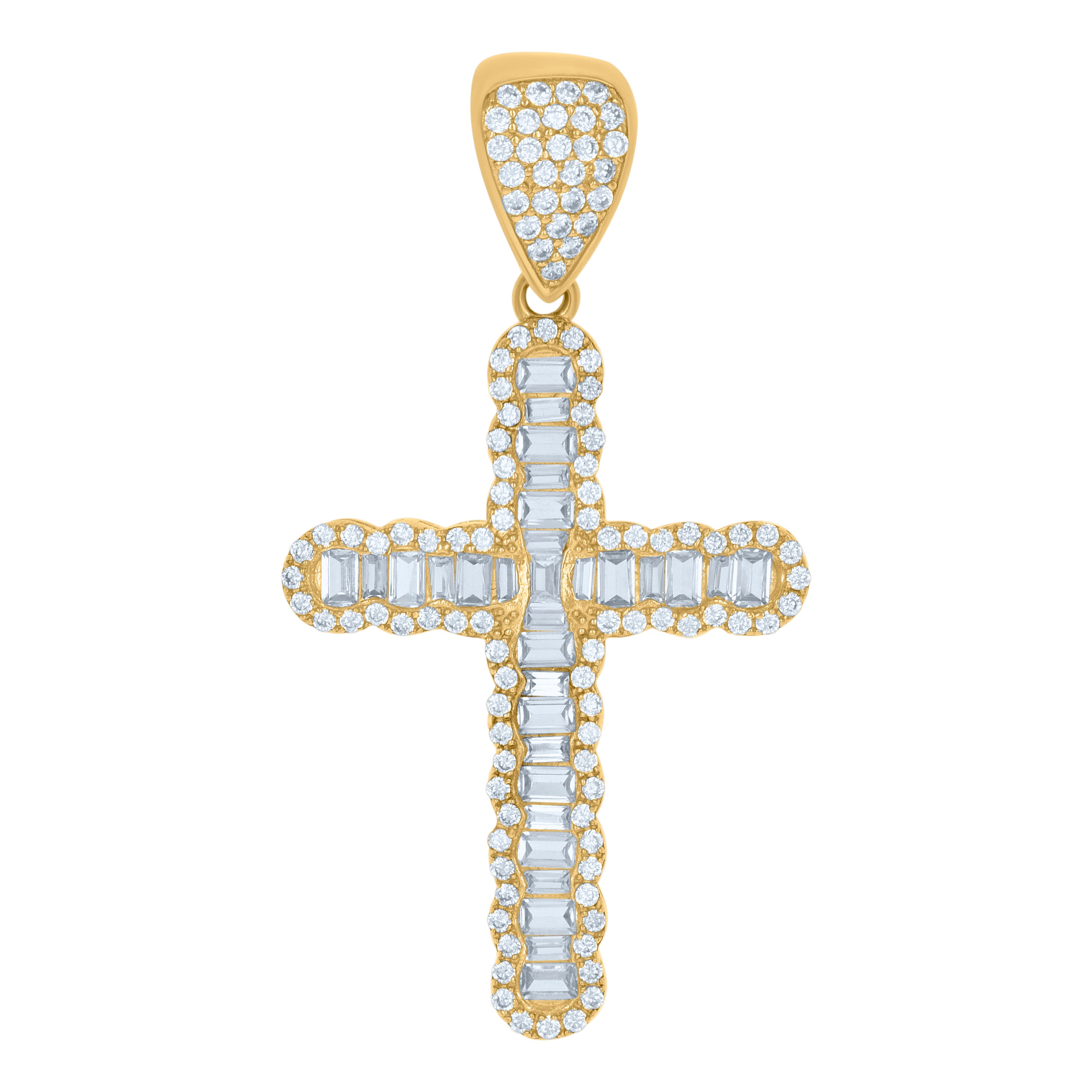 10kt Yellow Gold Mens Baguette Round Cubic-Zirconia Cross Religious Charm Pendant