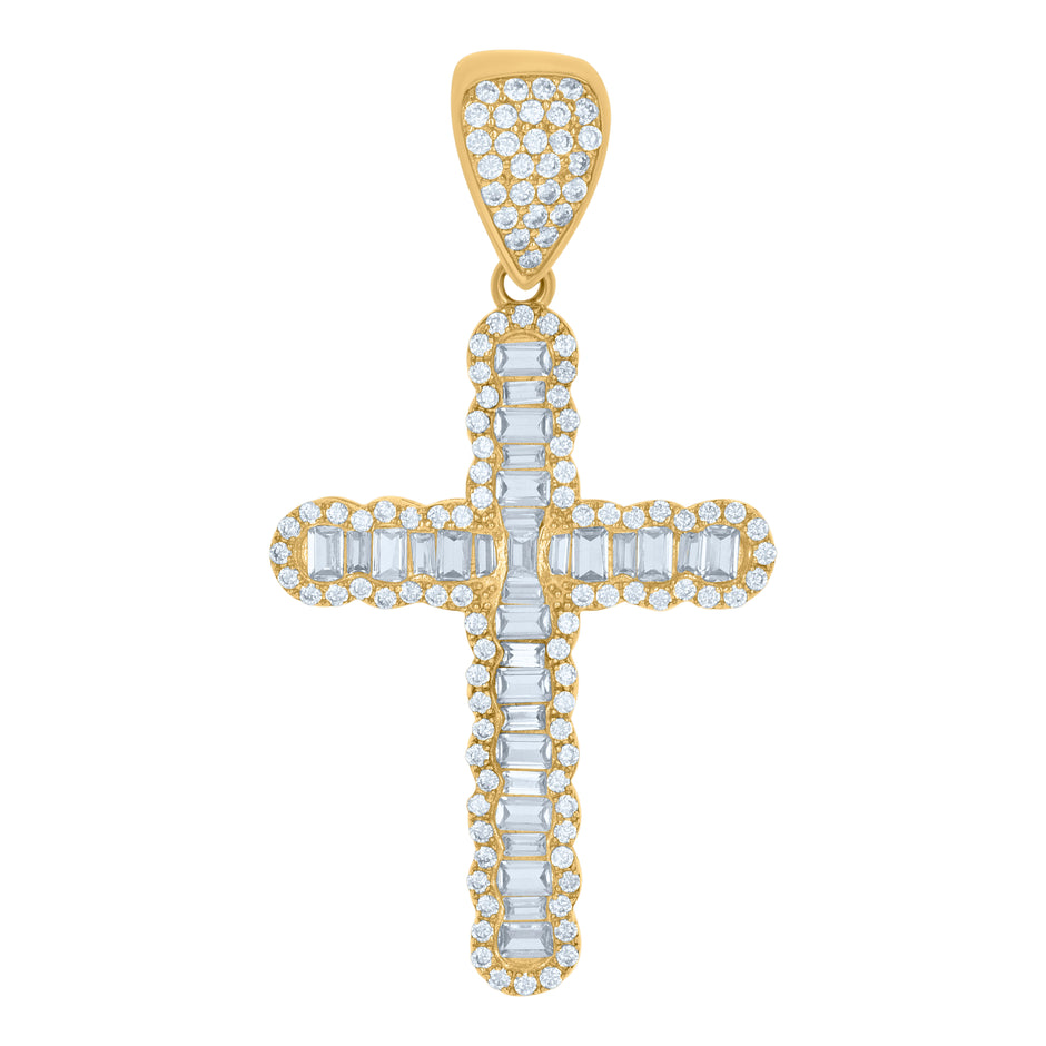 10kt Yellow Gold Mens Baguette Round Cubic-Zirconia Cross Religious Charm Pendant