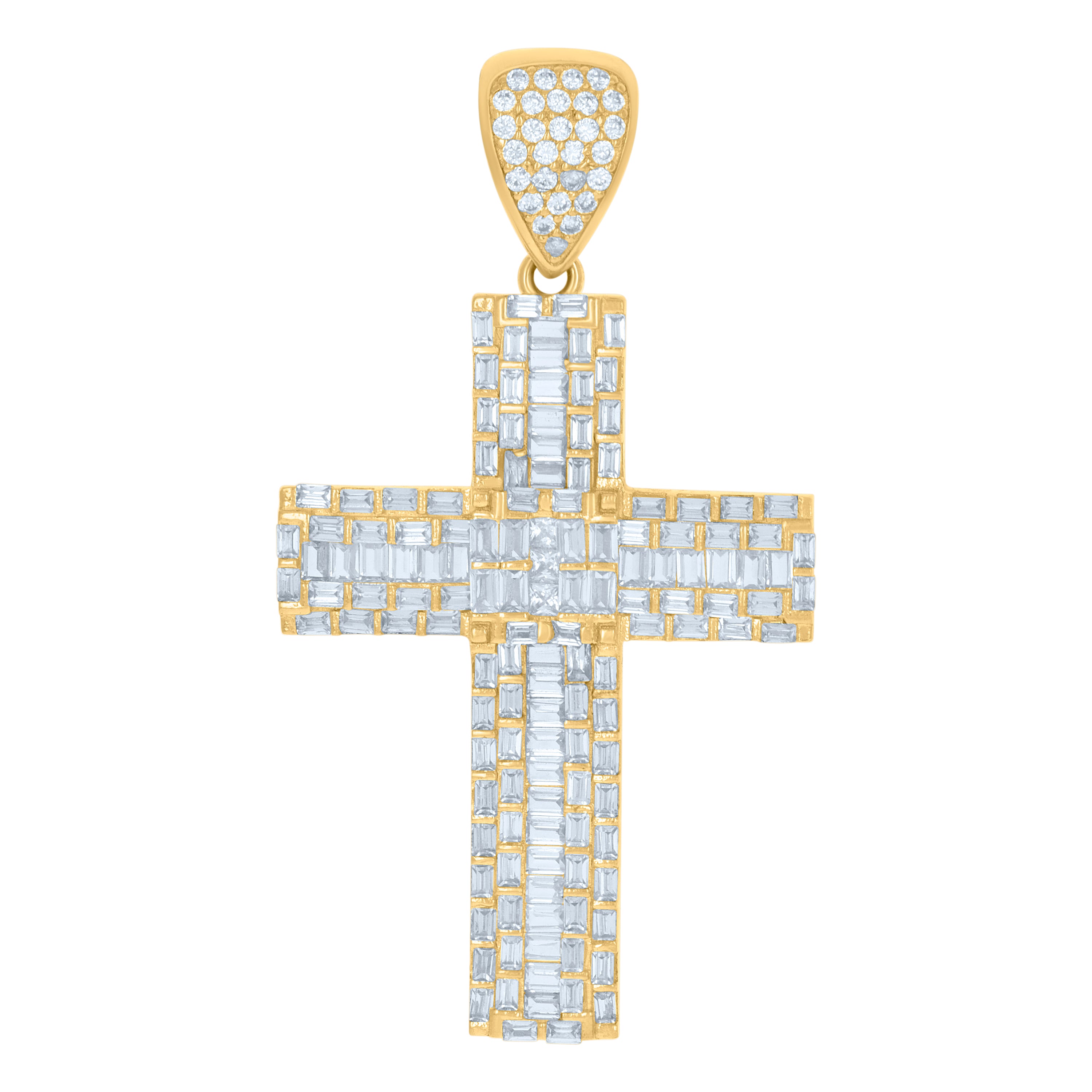 10kt Yellow Gold Mens Baguette Round Cubic-Zirconia Cross Religious Charm Pendant