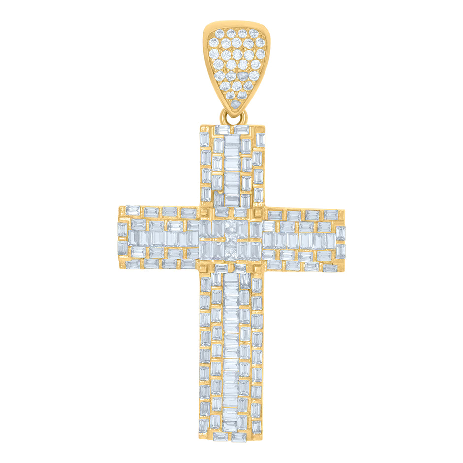 10kt Yellow Gold Mens Baguette Round Cubic-Zirconia Cross Religious Charm Pendant