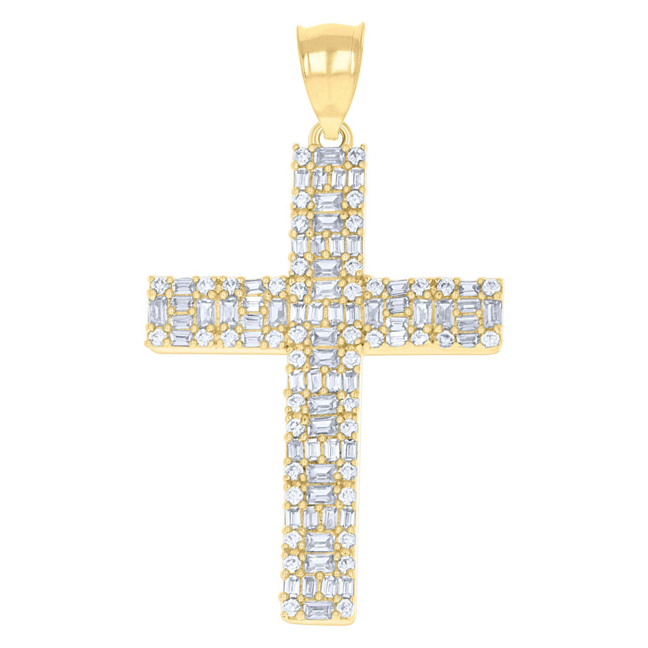 10kt Yellow Gold Mens Baguette Round Cubic-Zirconia Cross Religious Charm Pendant