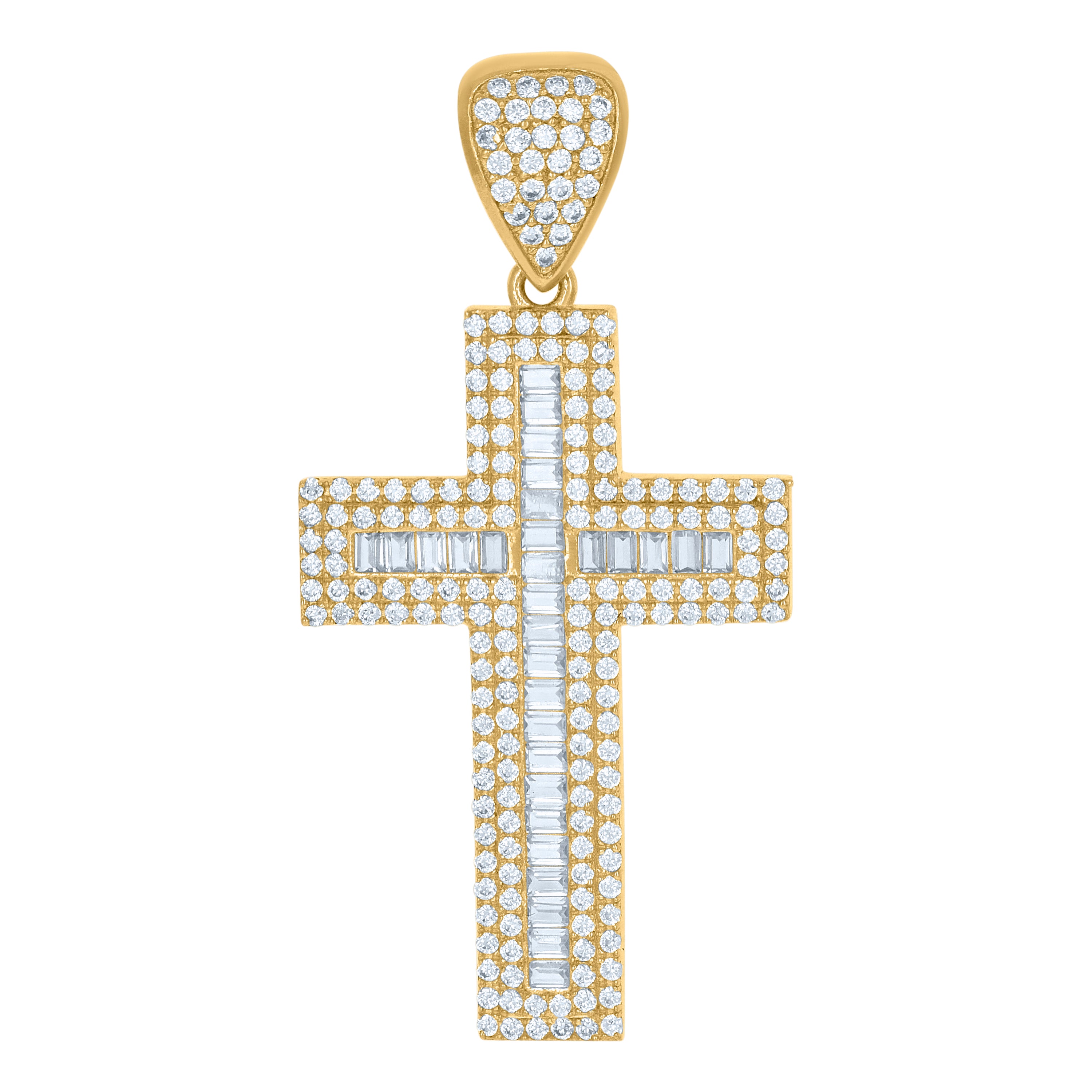 10kt Yellow Gold Mens Baguette Round Cubic-Zirconia Cross Religious Charm Pendant