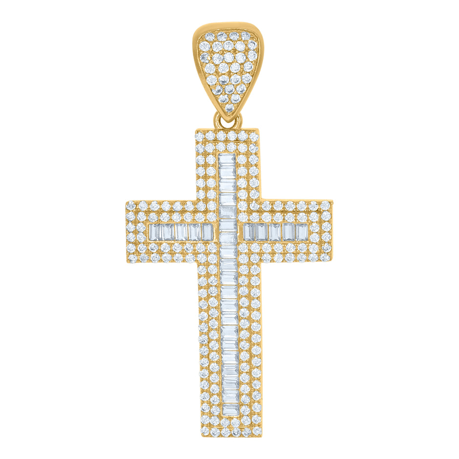 10kt Yellow Gold Mens Baguette Round Cubic-Zirconia Cross Religious Charm Pendant