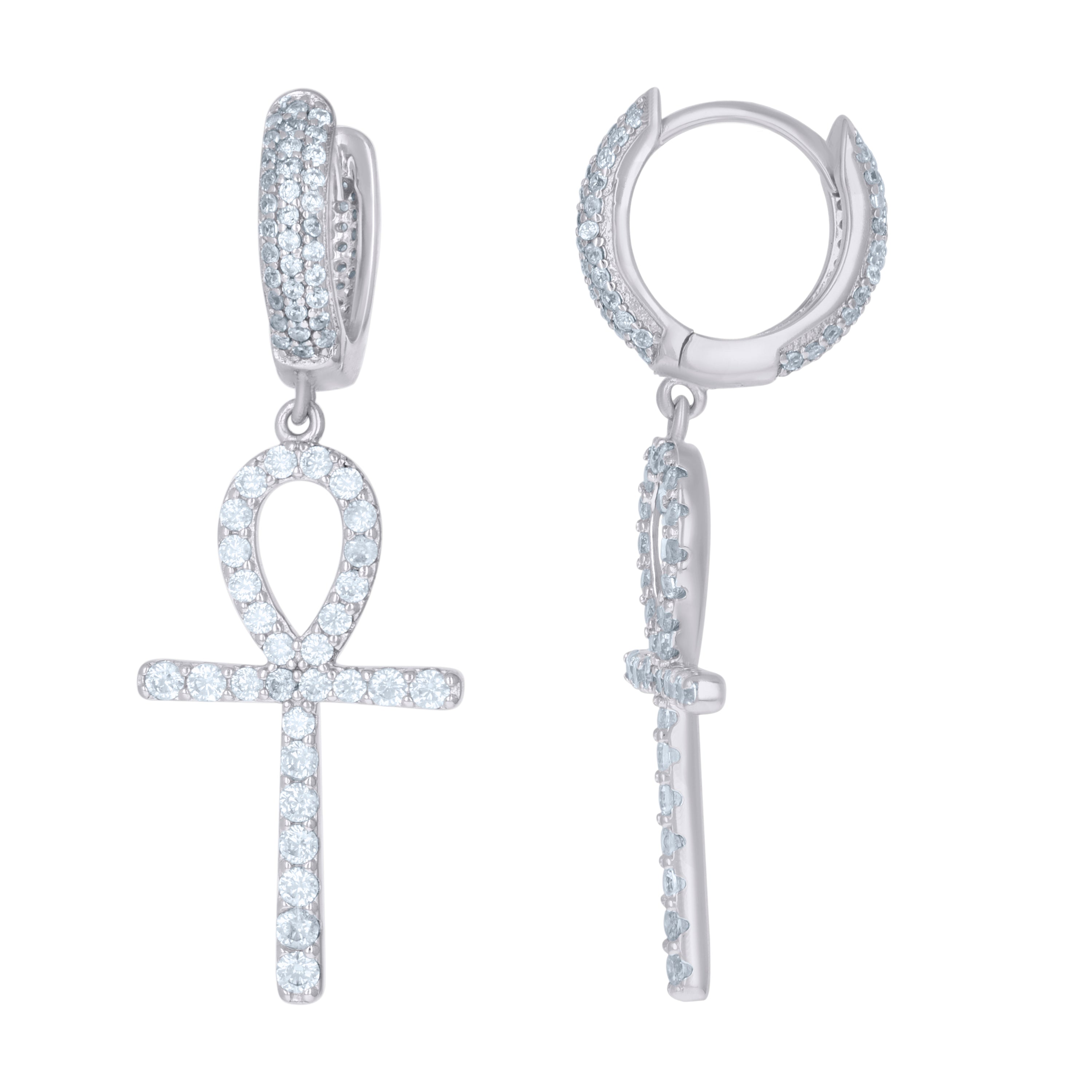925 Sterling Silver Womens Cubic-Zirconia Egyptian Ankh Cross Religious Dangle Hoop Earrings