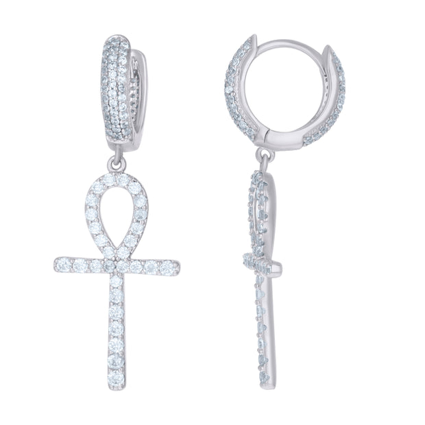 925 Sterling Silver Womens Cubic-Zirconia Egyptian Ankh Cross Religious Dangle Hoop Earrings