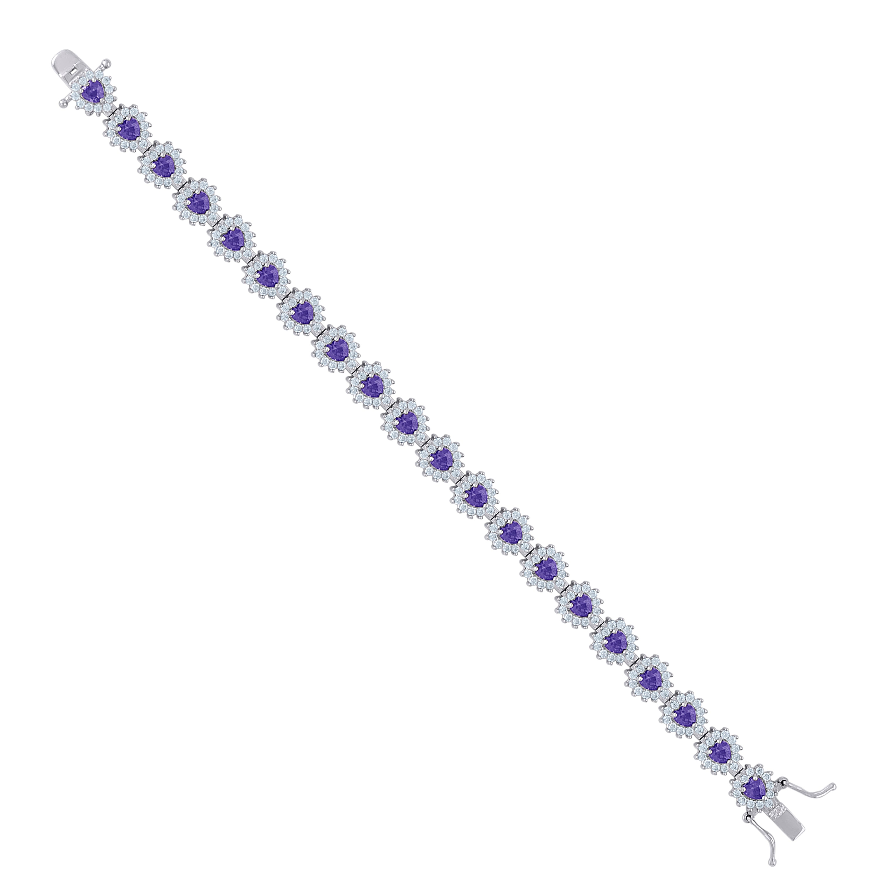 925 Sterling Silver Womens Purple White Heart Round Cubic-Zirconia Heart Link Fashion Bracelet Size 7.5 Inches