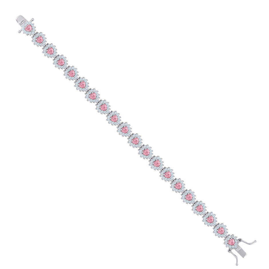 925 Sterling Silver Womens Pink White Heart Round Cubic-Zirconia Heart Link Fashion Bracelet Size 7.5 Inches