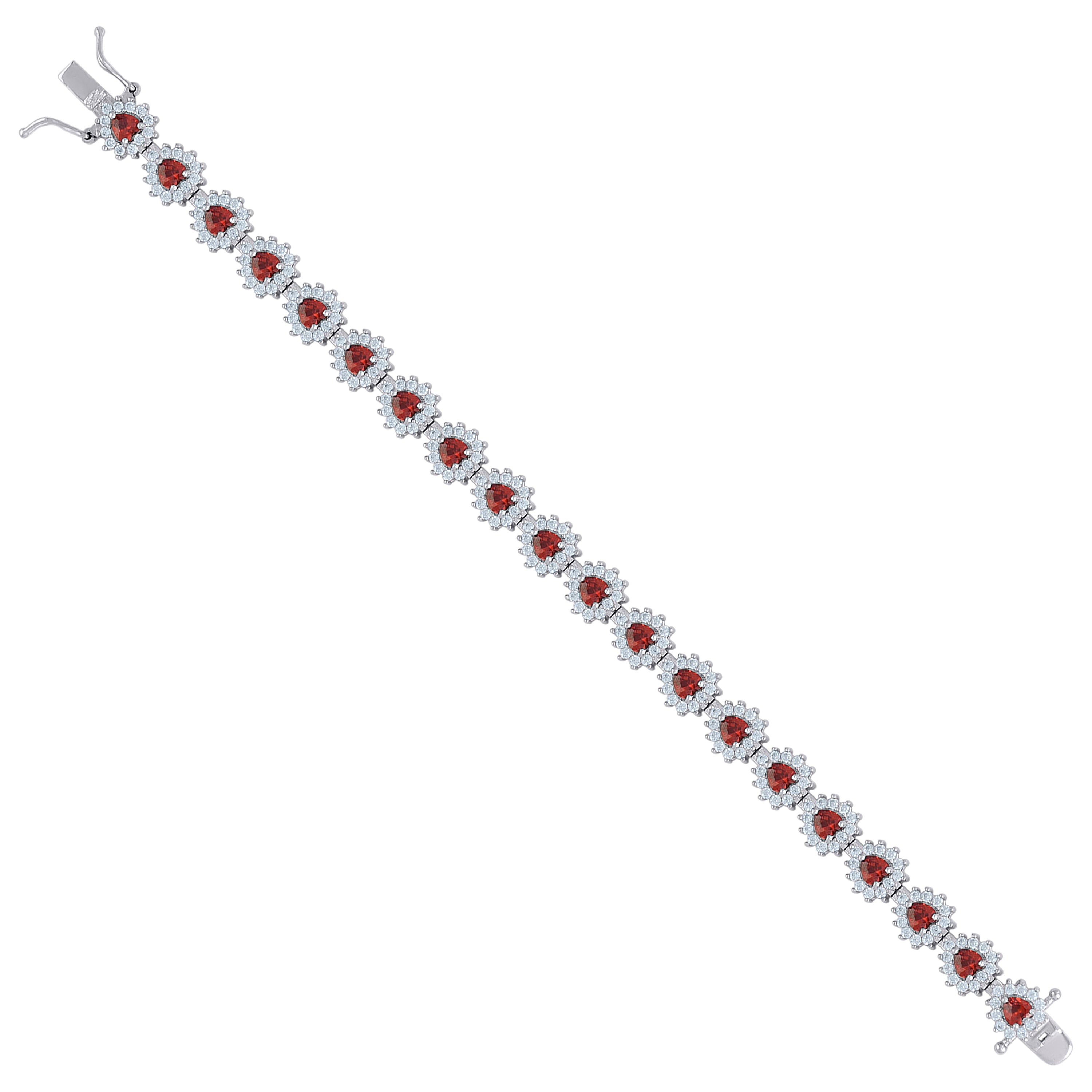925 Sterling Silver Womens Red White Heart Round Cubic-Zirconia Heart Link Fashion Bracelet Size 7.5 Inches
