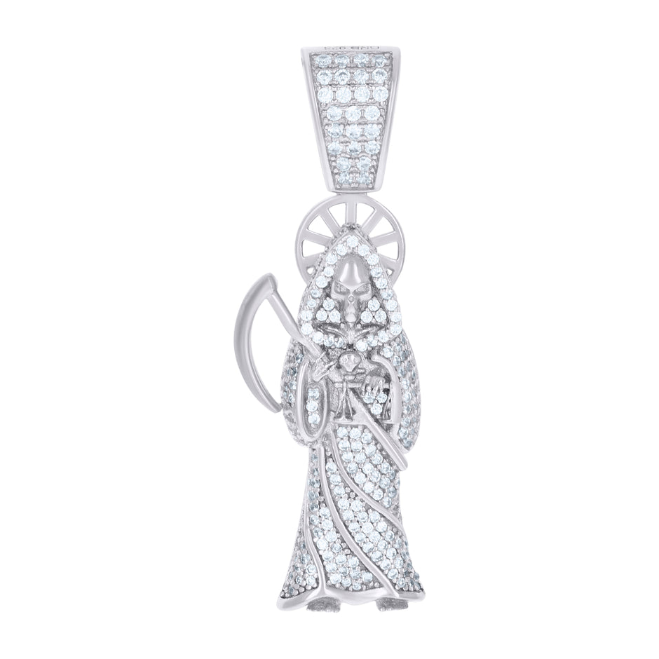 925 Sterling Silver Mens Cubic-Zirconia Grim Reaper Death Angel Religious Charm Pendant