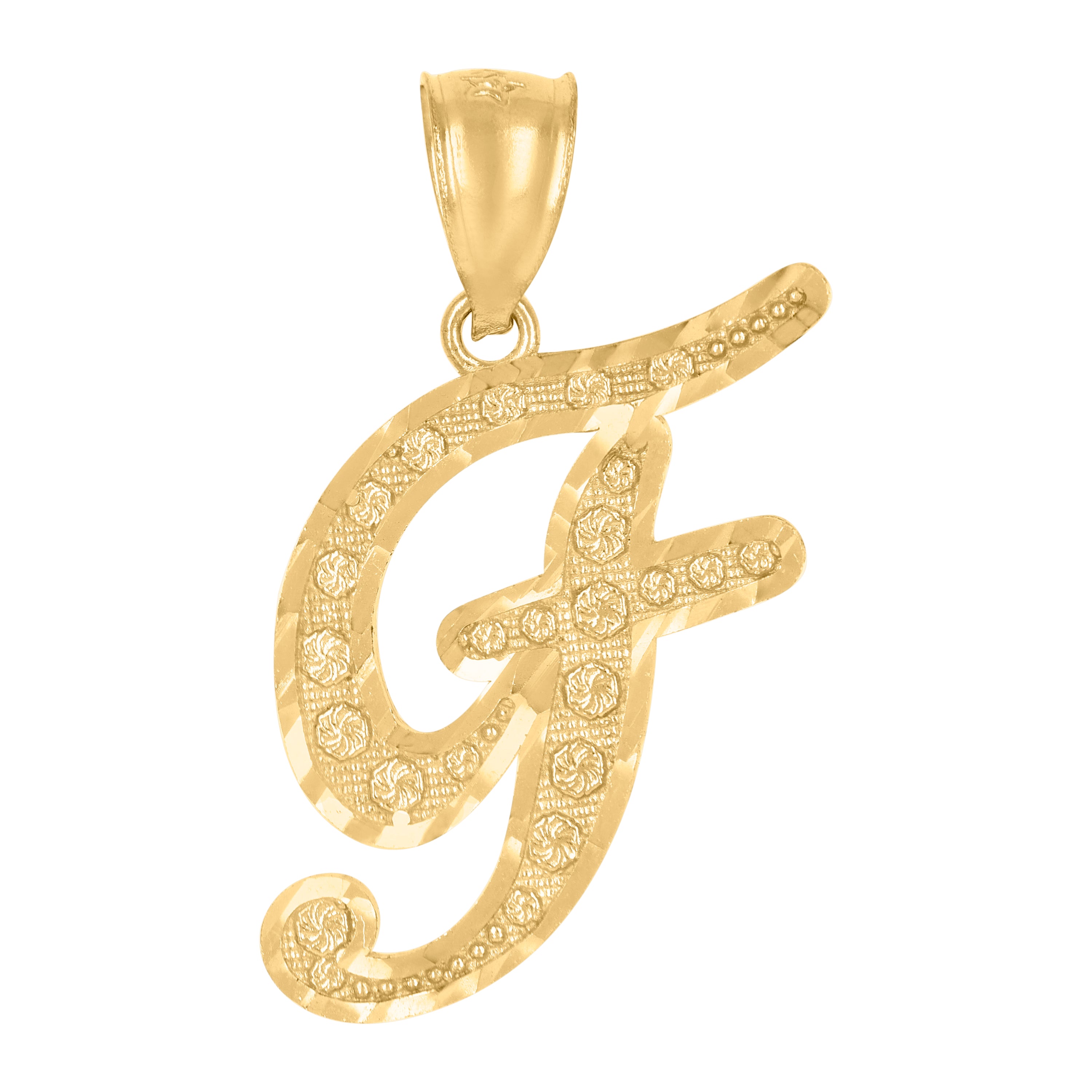 10Kt Yellow Gold Unisex Diamond-Cut Floral Initial Letter Alphabet F Charm Pendant